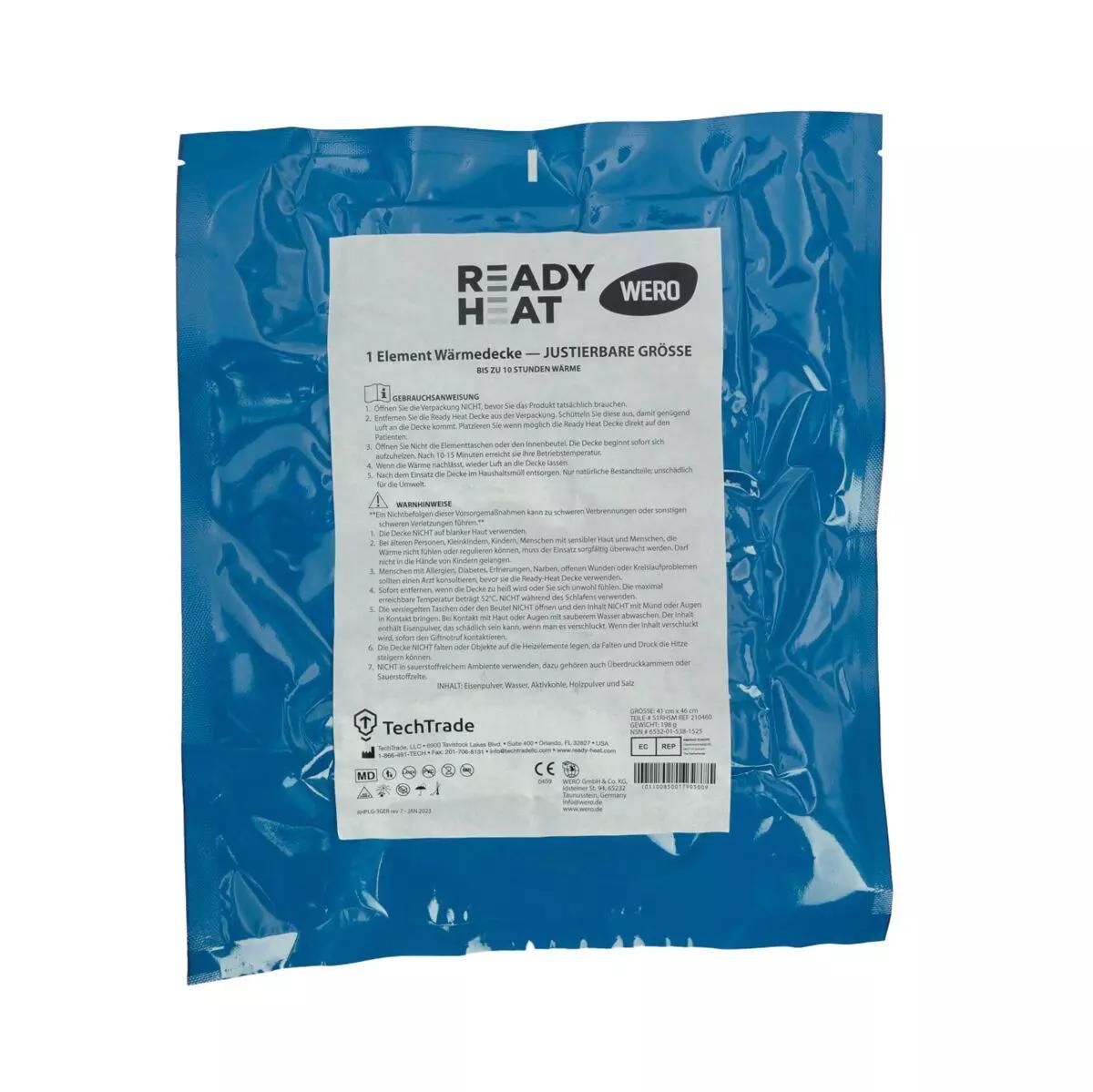 Ein versiegelter blauer Folienbeutel mit Ready-Heat™ - 1-Element-Decke, luftdicht verpackt, enthält ein selbstwärmendes Isolierelement.