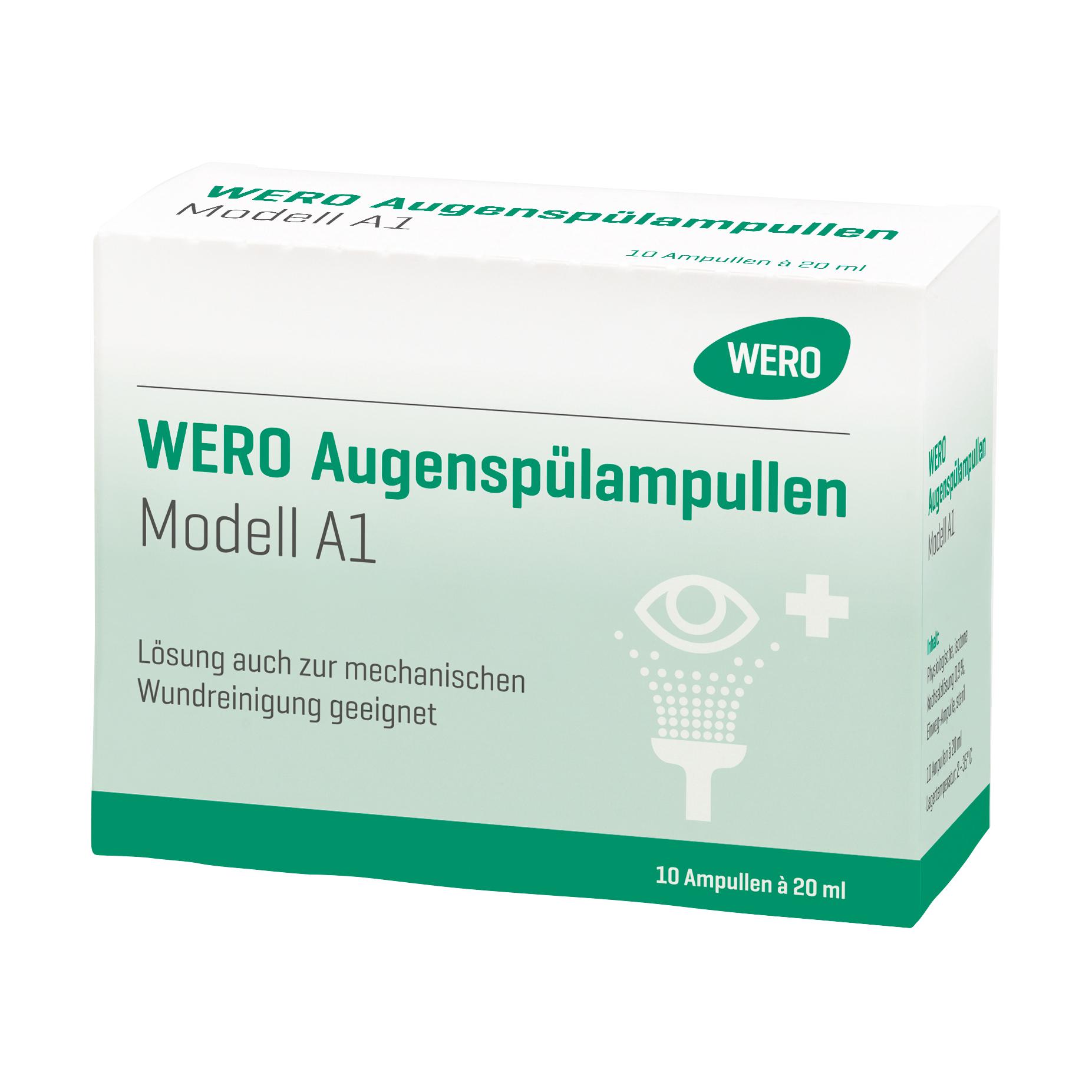 Weiße Faltschachtel WERO Augenspülampullen Modell A1, steril, mit grüner Beschriftung, 10 sterile Ampullen à 20 ml zur Augenreinigung bei Verschmutzung.
