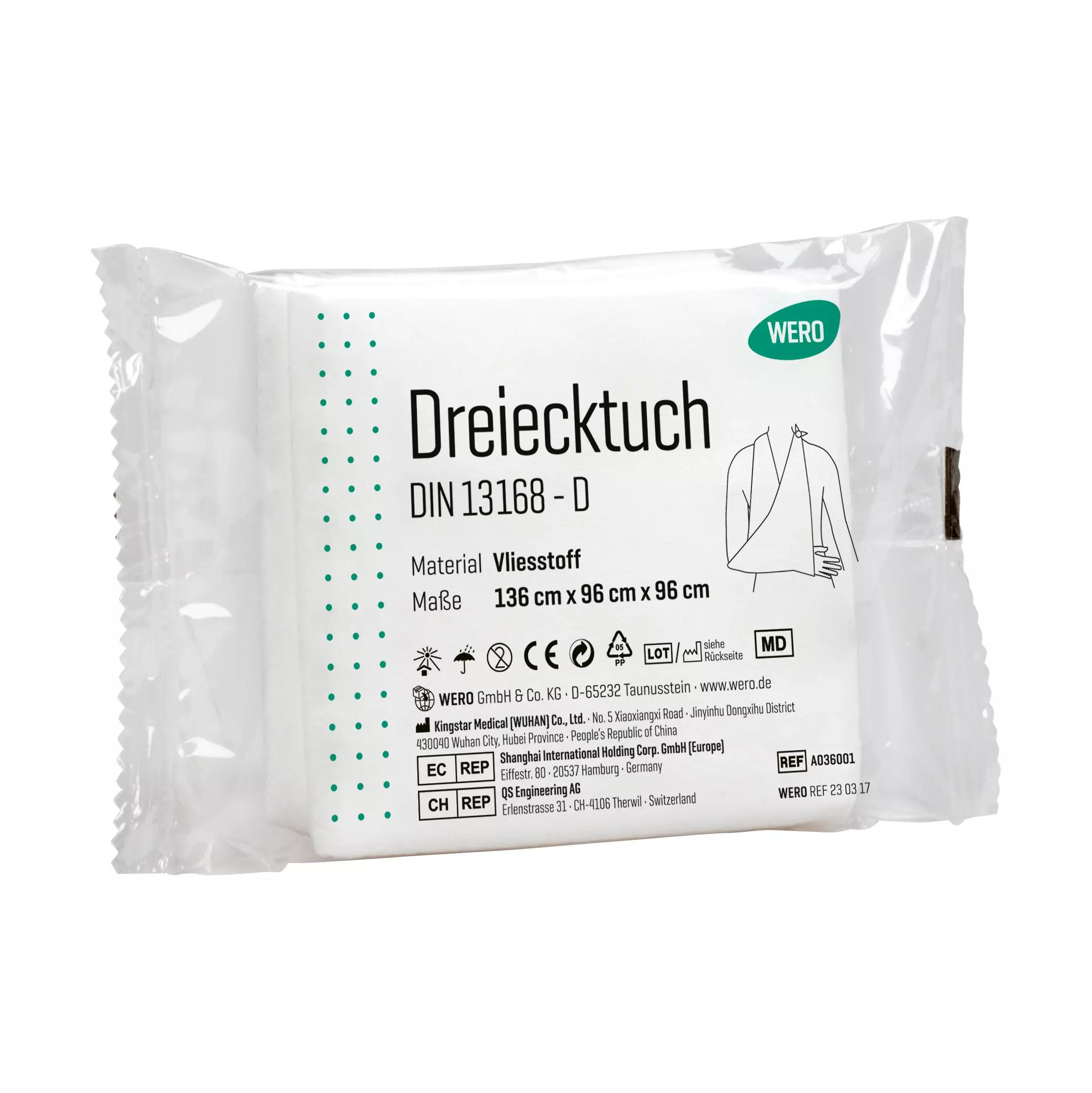Ein in Klarsichtfolie verpacktes Dreieckstuch (Armtragetuch) DIN 13168-D aus weichem Vliesstoff mit Produktinformationen auf dem Etikett.