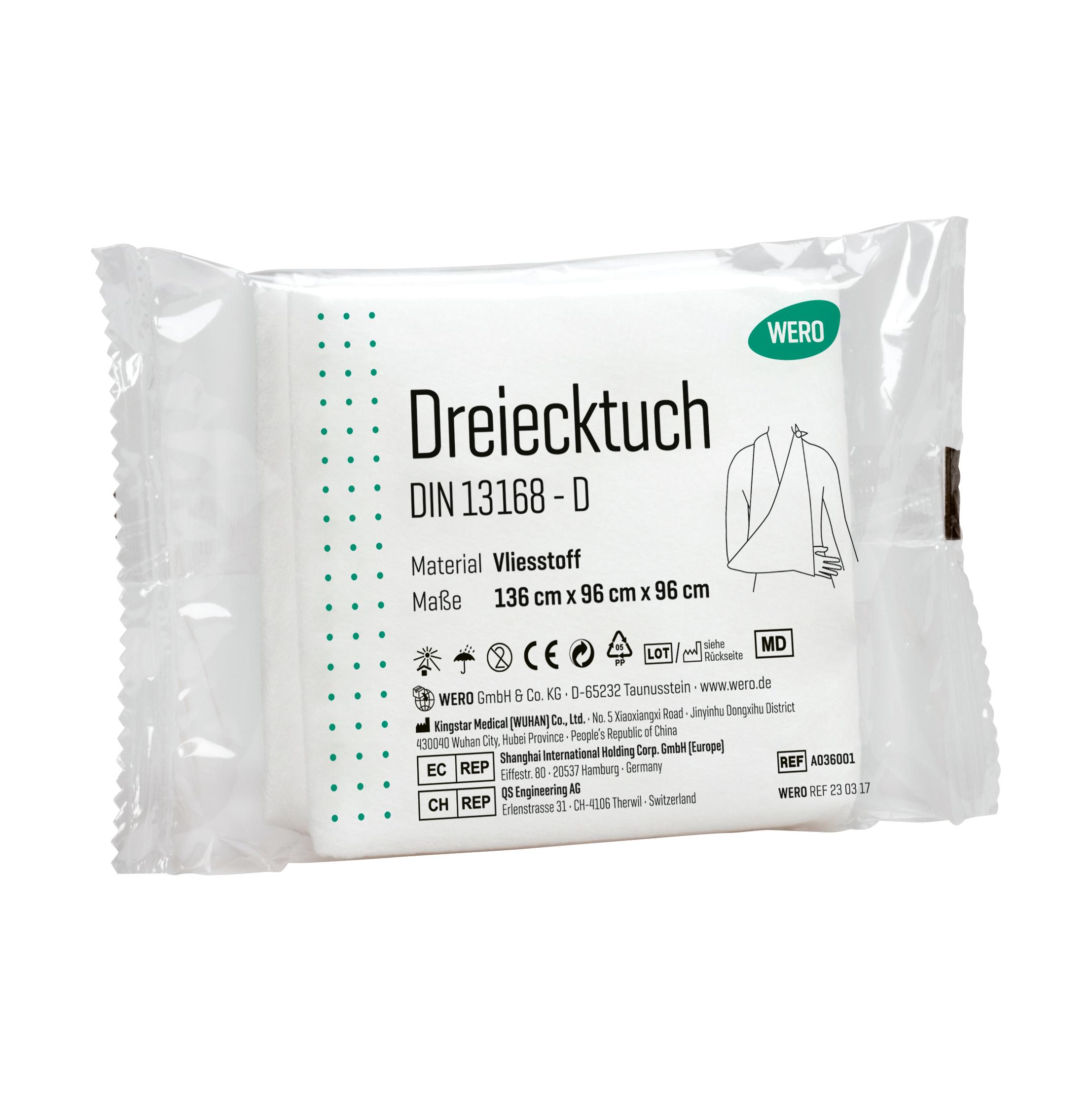 Ein in Klarsichtfolie verpacktes Dreieckstuch (Armtragetuch) DIN 13168-D aus weichem Vliesstoff mit Produktinformationen auf dem Etikett.