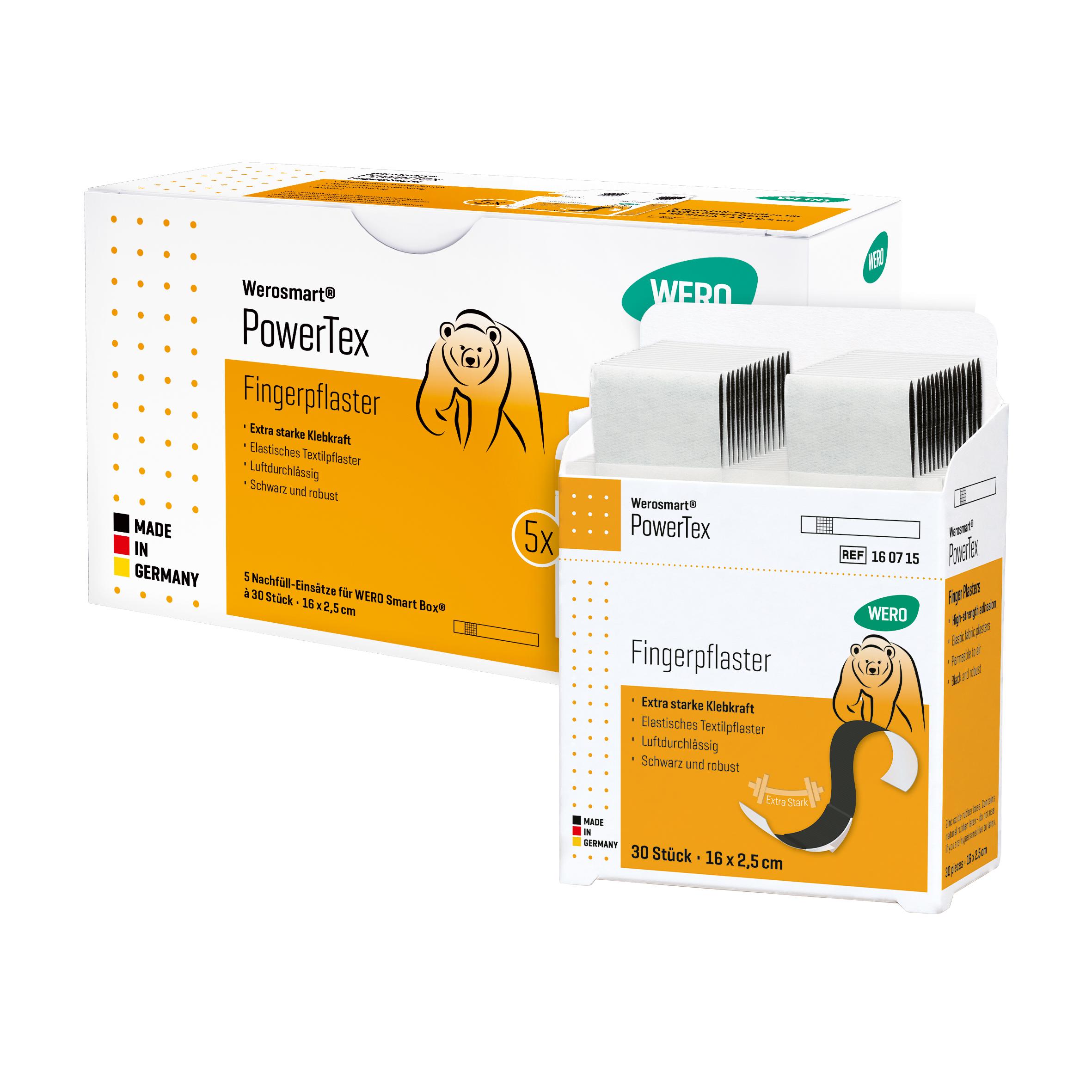 Zwei Verpackungen der Werosmart® PowerTex Pflasterspender-Einsätze Fingerpflaster mit sichtbaren Farben und Piktogrammen sowie Produktangaben in mehreren Sprachen.