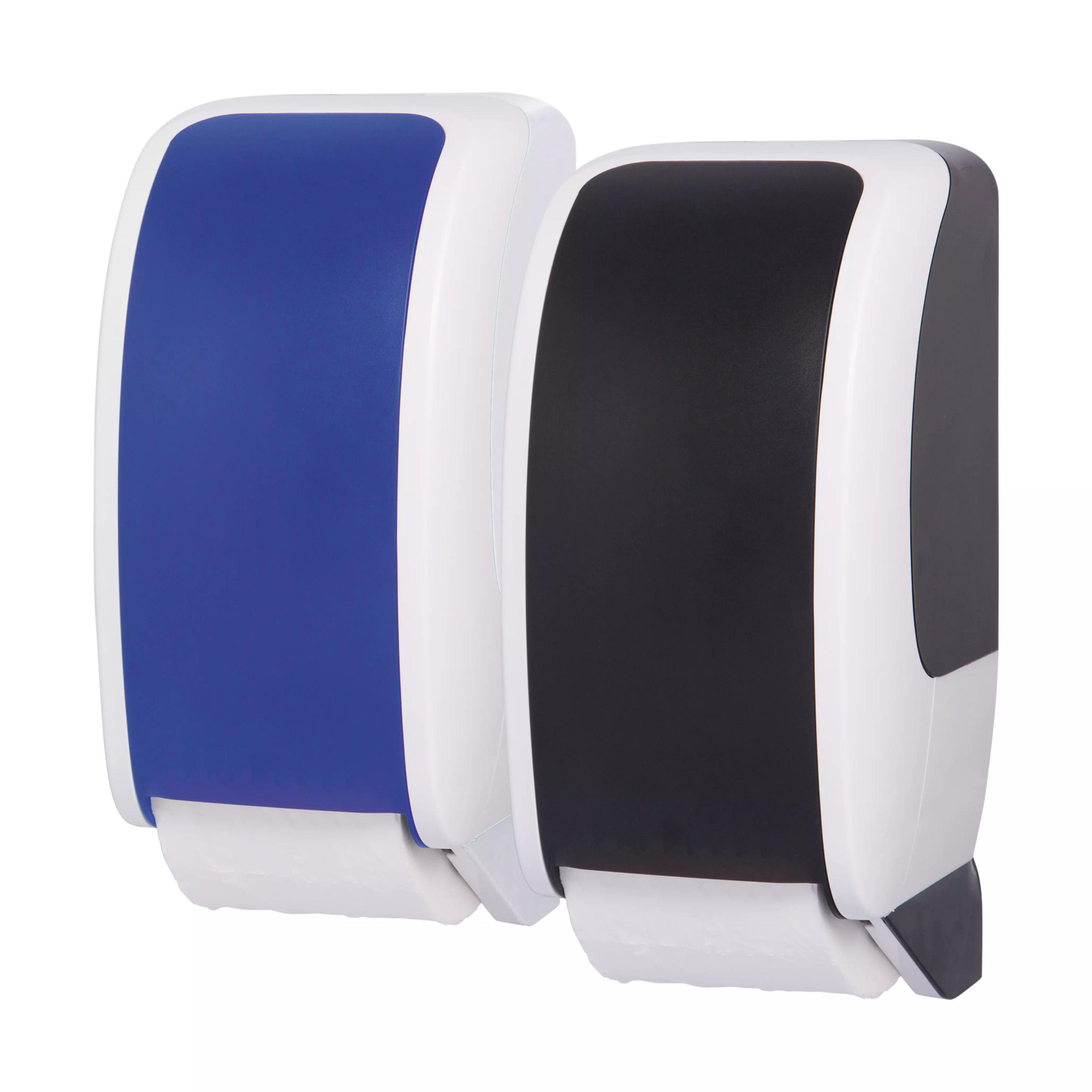 Zwei Wandspender vom Typ Toilettenpapierspender RATIO - Blau mit weißem Gehäuse, blauer beziehungsweise schwarzer Deckel und Hebel an der Unterseite.