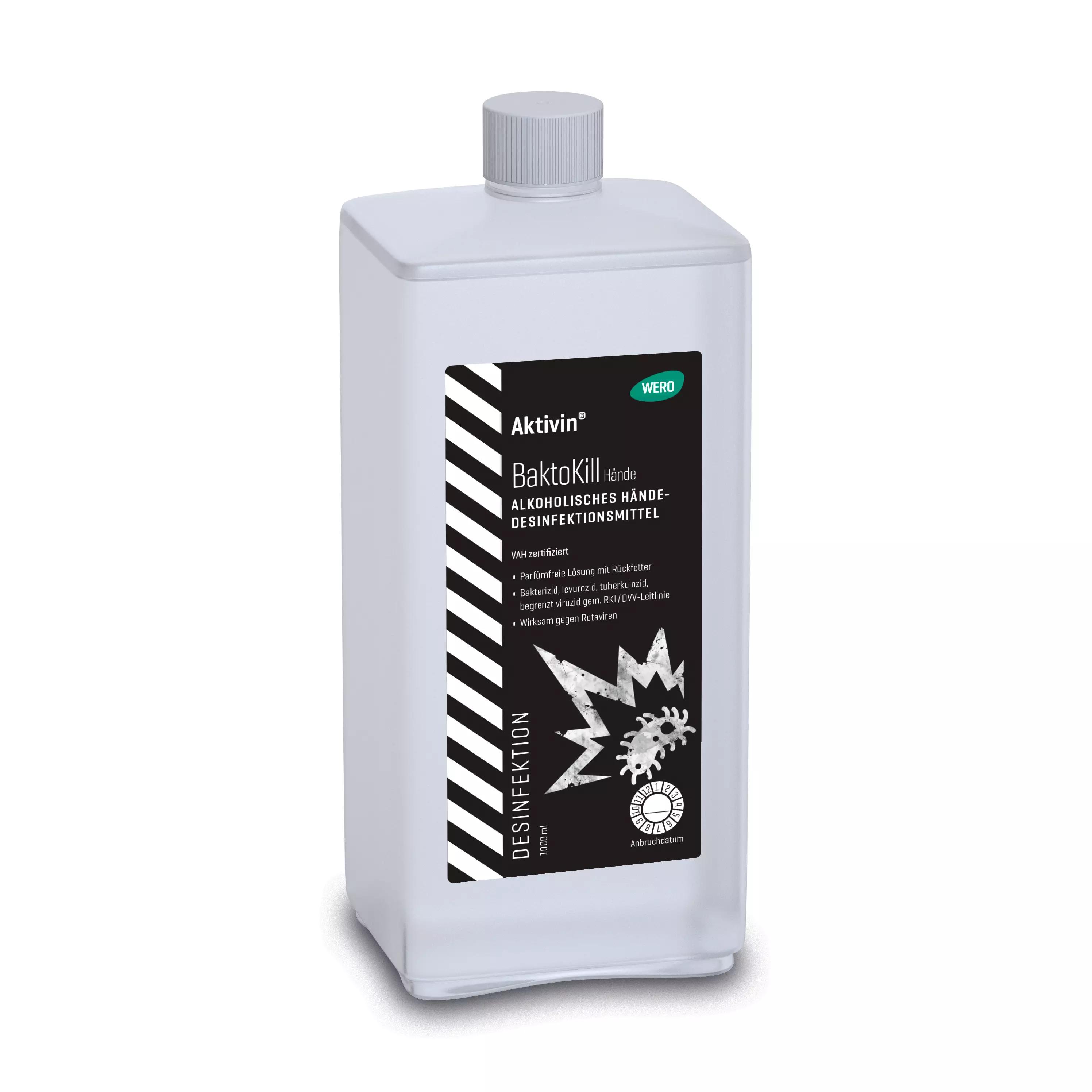 Weiße Flasche Händedesinfektion Aktivin® BaktoKill - Euroflasche, 1.000 ml, mit silbernem Deckel und schwarz-weißer Etikettierung.
