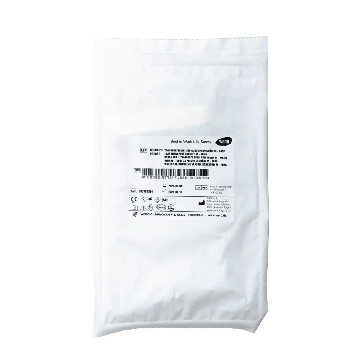 Eine verschlossene, weiße Kunststoffverpackung WERO Replantat-Beutel, steril – Hand mit schwarzem Label und Sichtfenster für den sicheren Amputattransport.
