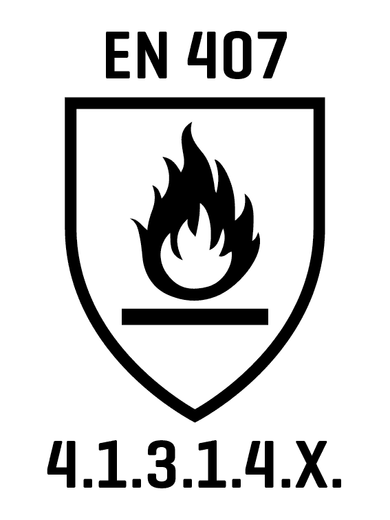 Schwarzes stilisiertes Flammensymbol mit fünf Spitzen auf einem weißen schildförmigen Hintergrund, darunter ein waagerechter Balken.