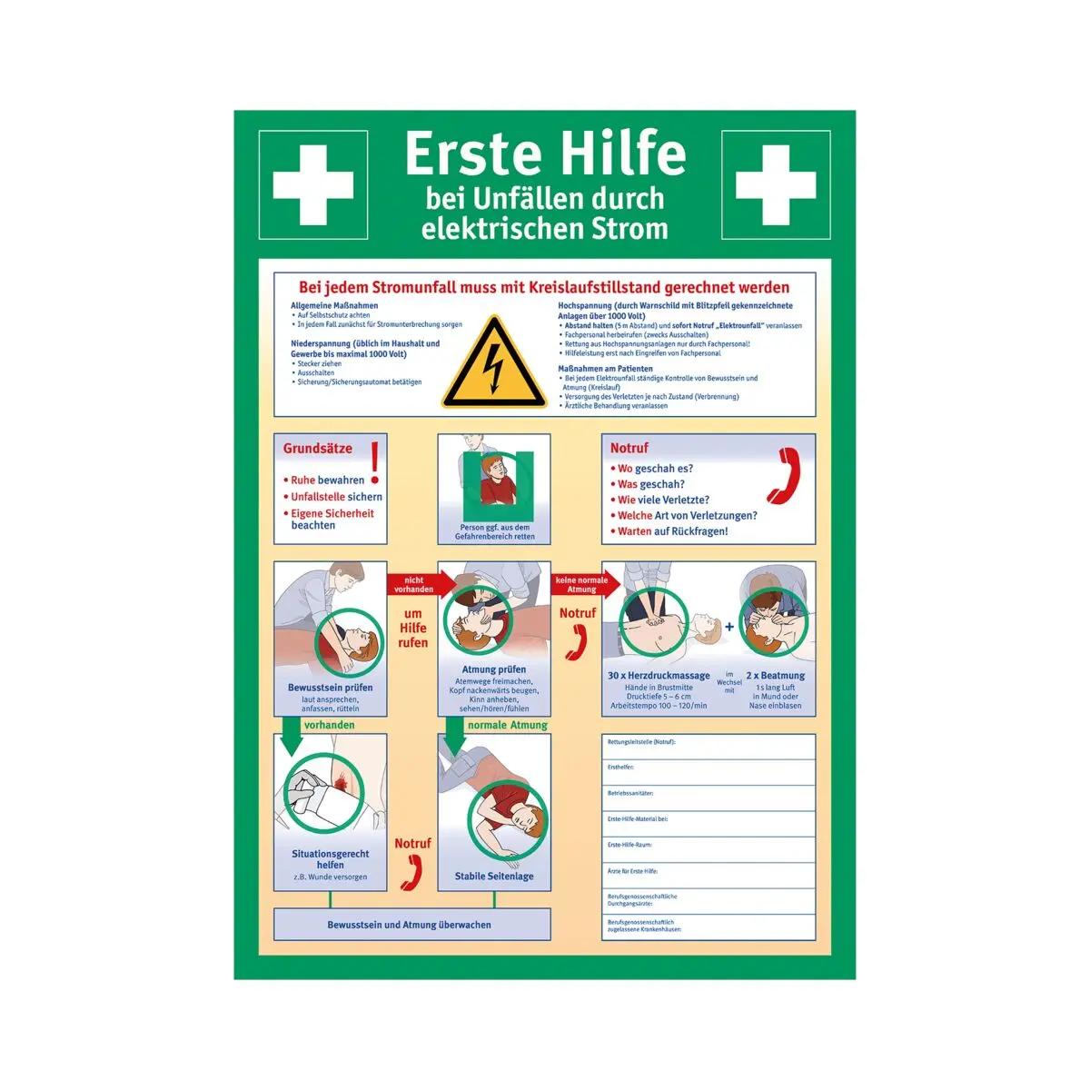 Grünes Poster Sicherheitsaushang: Anleitung zur Ersten Hilfe bei Unfällen durch elektrischen Strom, mit weißen Symbolen, Warnhinweisen und illustrierten Anweisungen.