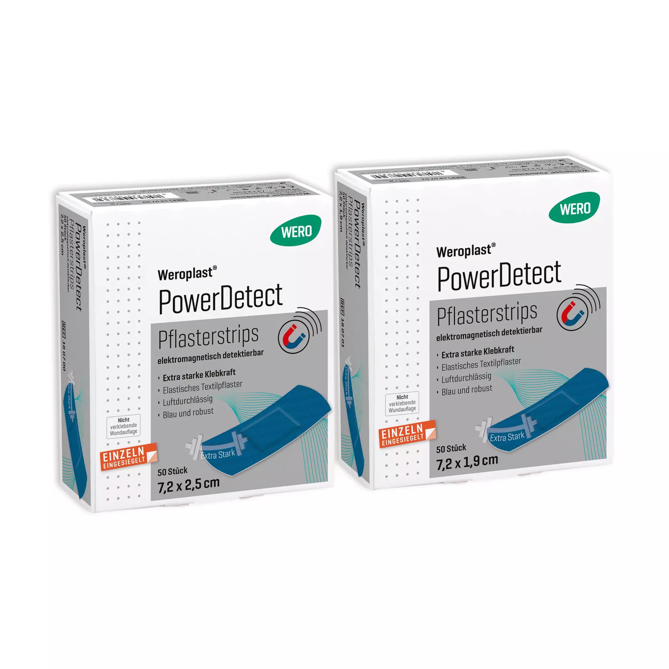 Zwei Packungen Pflasterstrips Weroplast® PowerDetect - 7,2 cm, 1,9 cm mit blauer, detektierbarer Ausführung und längs- sowie querelastischem Textilgewebe.