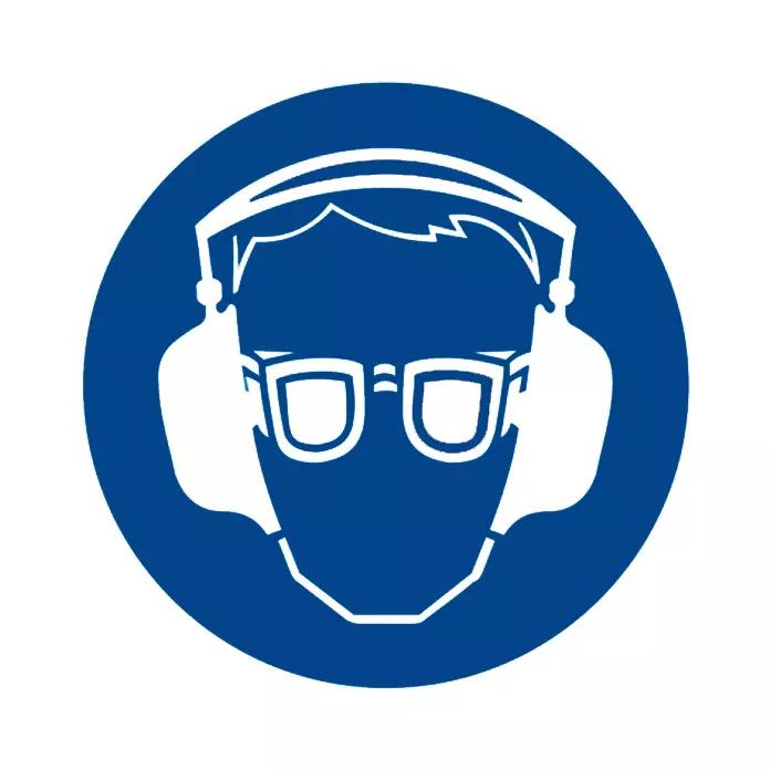 Weiße Kopfsilhouette mit Brille und Ohrenschützern auf blauem Kreis symbolisiert das Gebotszeichen: Augen- und Gehörschutz benutzen.