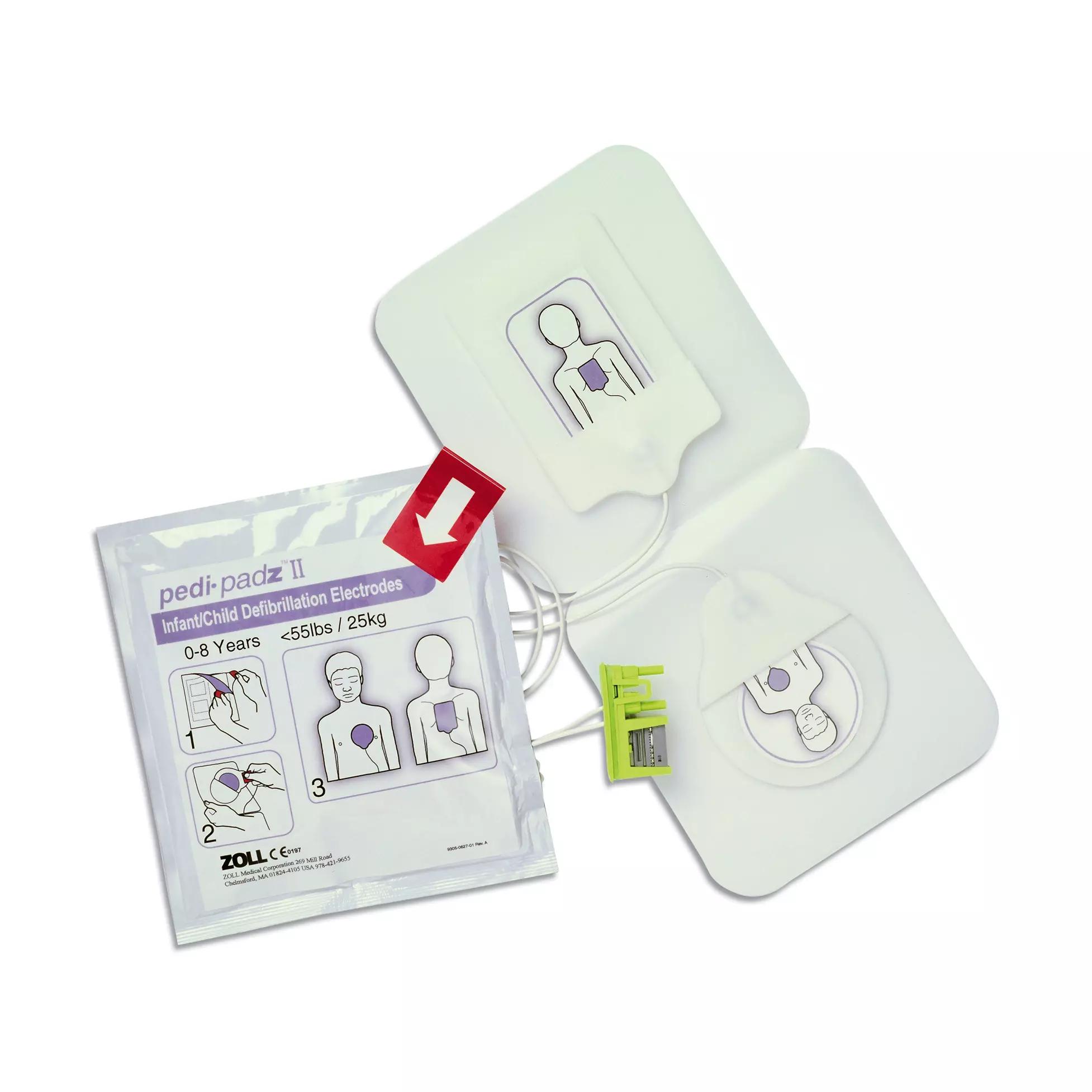 Pedi-padz® II Kinder-Elektroden-Set mit zwei quadratischen, transparenten Pads und farblich markierter Kabelverbindung für pädiatrische Anwendungen.