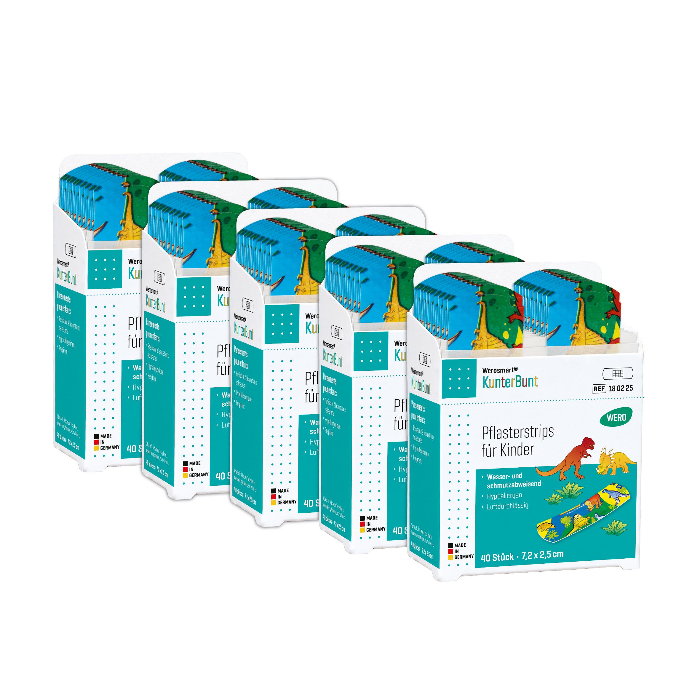 Fünf Schachteln Werosmart® KunterBunt für Kinder Pflasterspender-Einsätze mit je farbenfrohen, blau-grünen Pflasterstrips und Dinosauriermotiven.