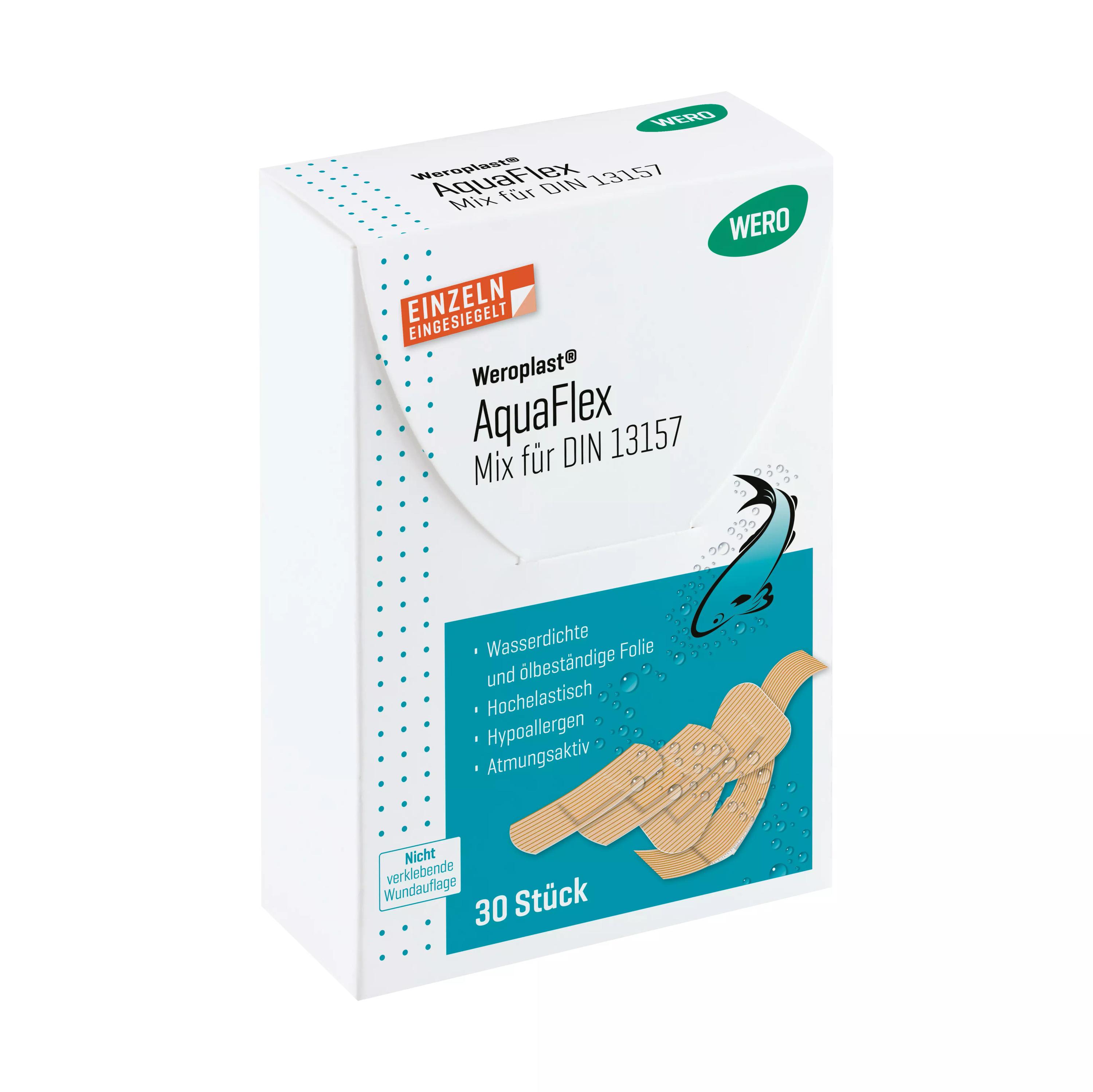 Weiße Verpackung Weroplast® AquaFlex Pflaster - Mix DIN 13157 mit blauer Aufschrift, zeigt verschiedene Pflastergrößen, wasserdicht, flexibel und hautschonend.