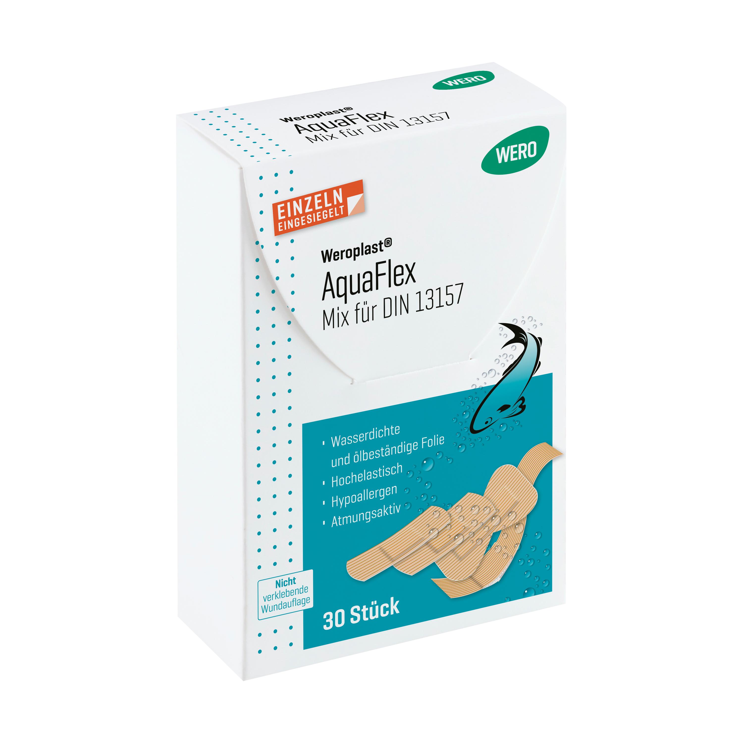 Weiße Verpackung Weroplast® AquaFlex Pflaster - Mix DIN 13157 mit blauer Aufschrift, zeigt verschiedene Pflastergrößen, wasserdicht, flexibel und hautschonend.