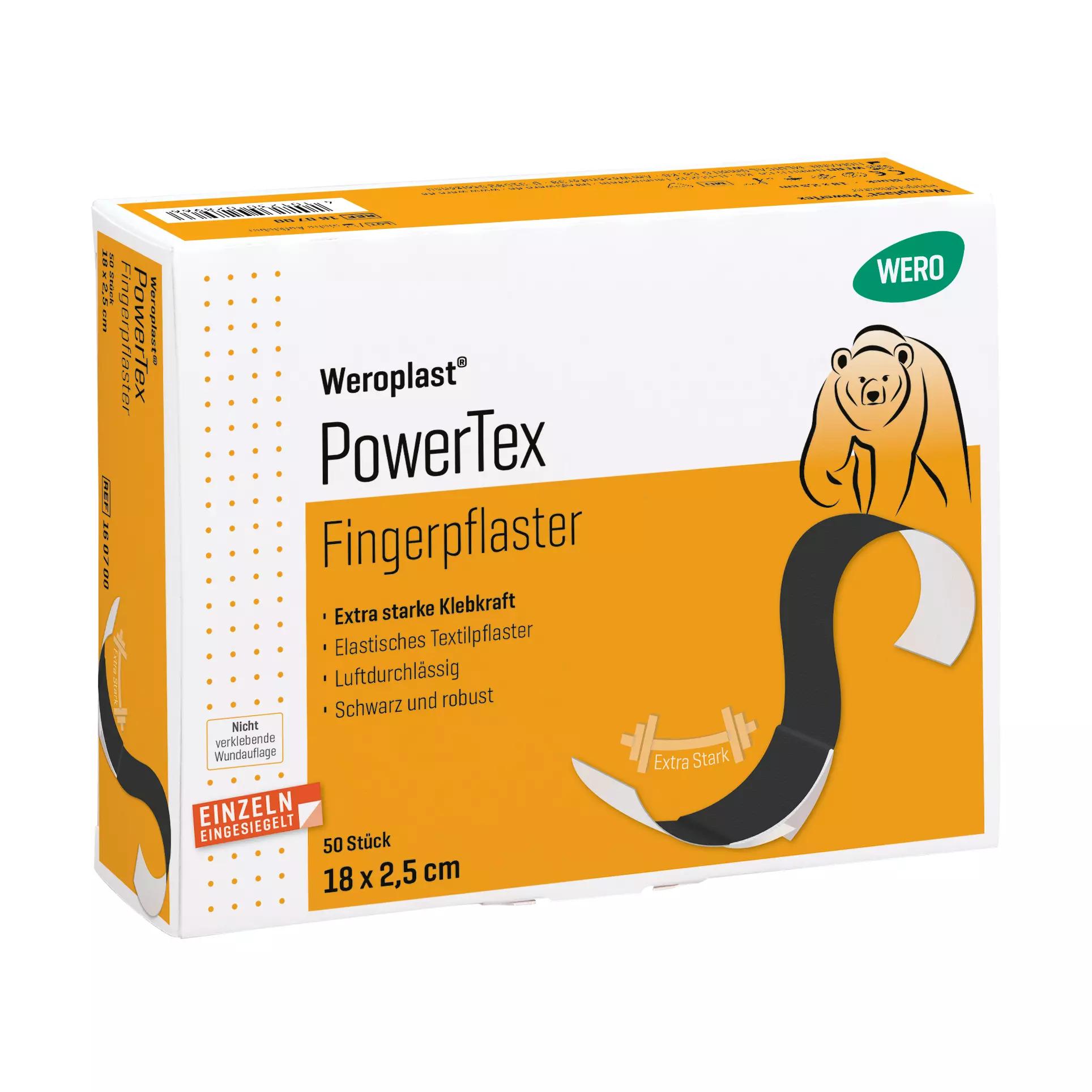 Fingerpflaster Weroplast® PowerTex - 2,5 cm, 18 cm in gelber Box mit Bär-Motiv, verstärkter Klebkraft und schwarzem, robustem Gewebe, 50 Stück.