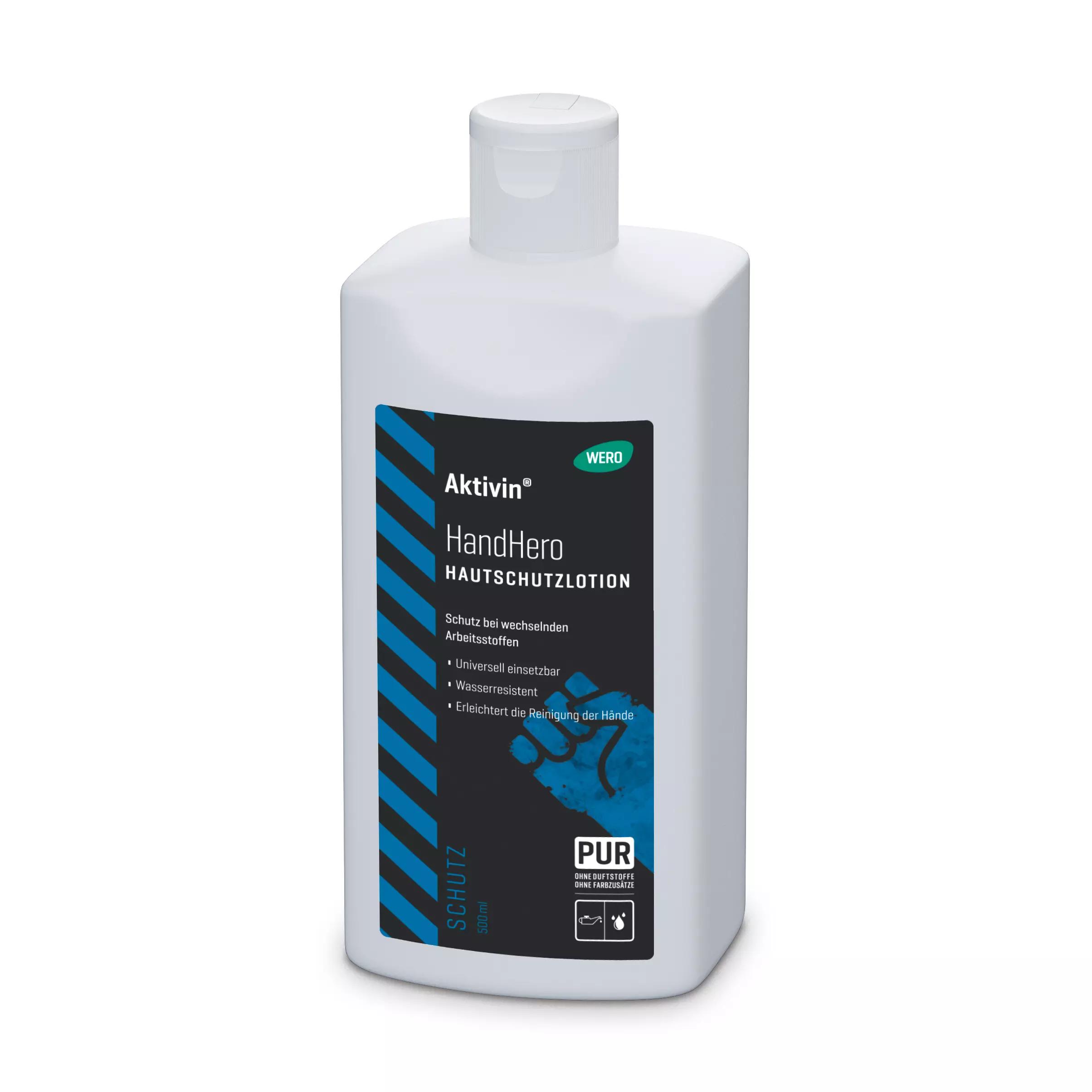 Weiße Euroflasche Aktivin® HandHero Hautschutzlotion 500 ml mit diagonalen Streifen, PUR-Zertifizierung und blau umrahmtem Etikett, Flip-Top-Verschluss.