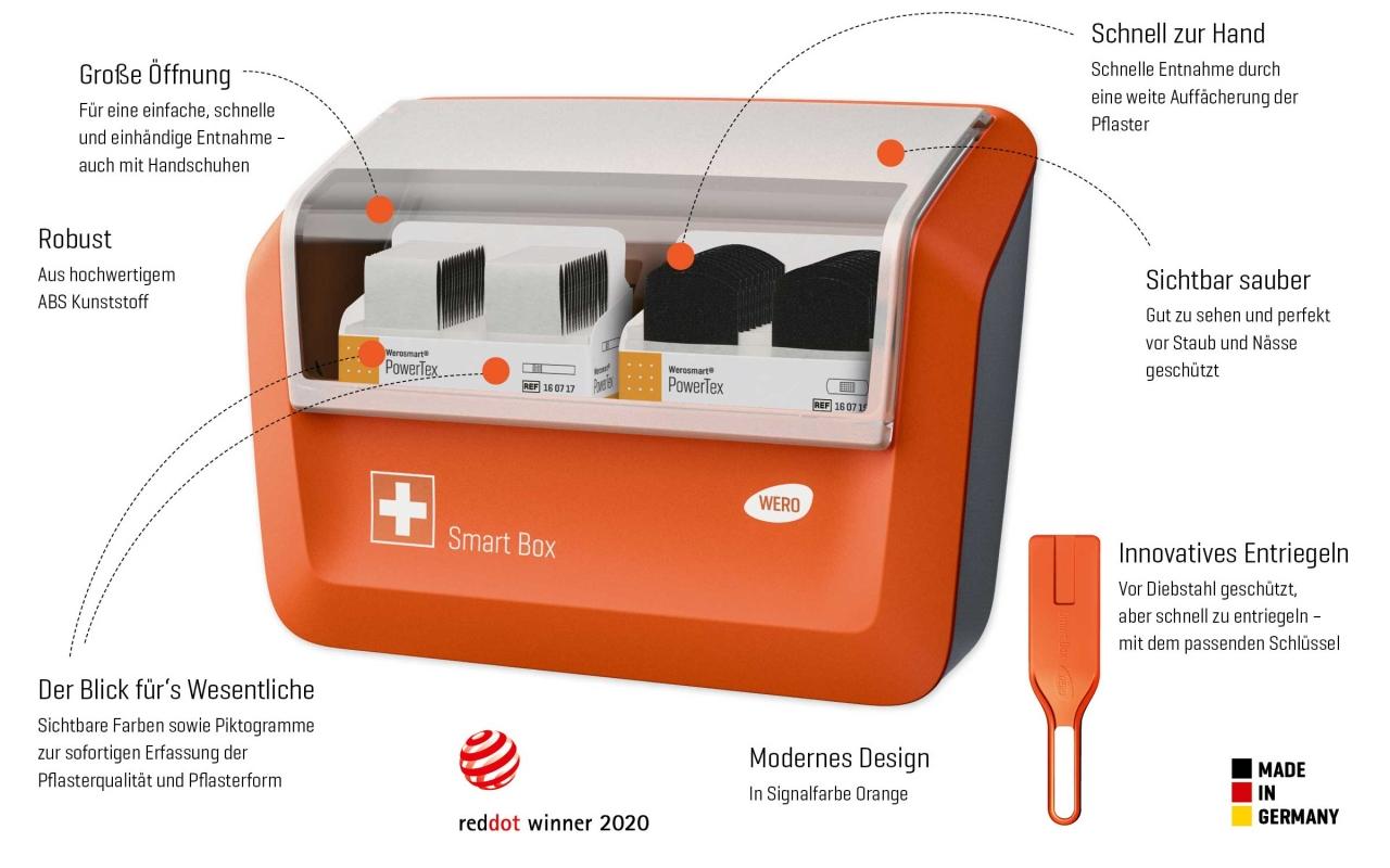 Orange-weiße Wero Smart Box mit Handgriff, offenes Fach mit Powerflex Pflasterstreifen, inklusive Werkzeug, Red Dot Award 2020, made in Germany.