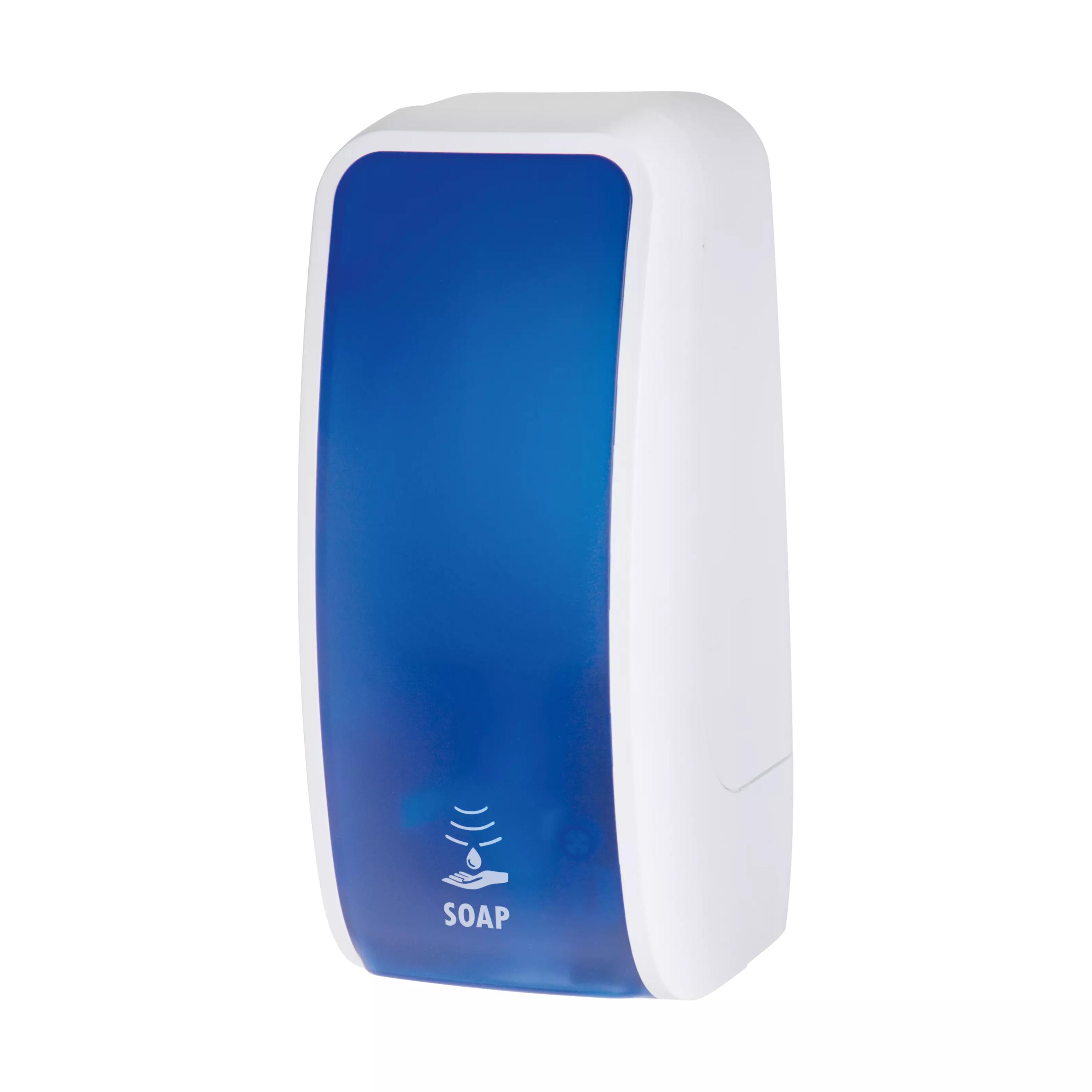 Moderner Schaumseifenspender RATIO touchless - Blau mit weißem Sensorbereich, rechteckigem, abgerundetem Design und aufgedrucktem Seifen-Symbol vorn.