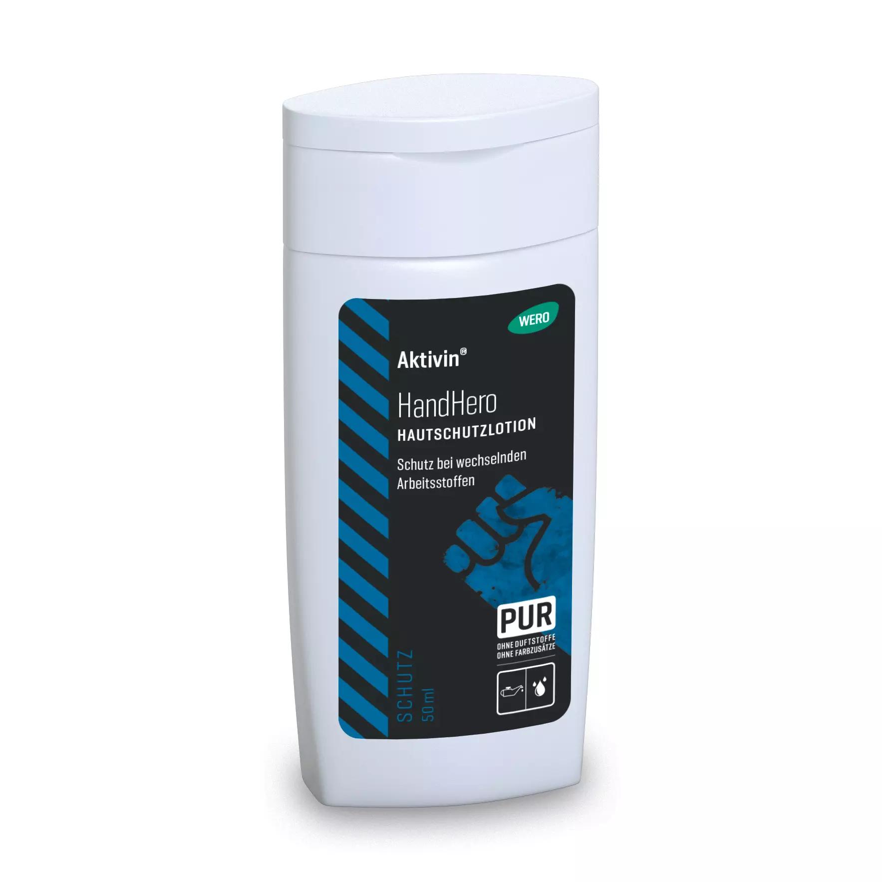 Weiße Flasche Hautschutzlotion Aktivin® HandHero - Probiergröße, 50 ml, mit PUR-Zertifizierung und blauer Akzentlinie, Flip-Top-Verschluss.
