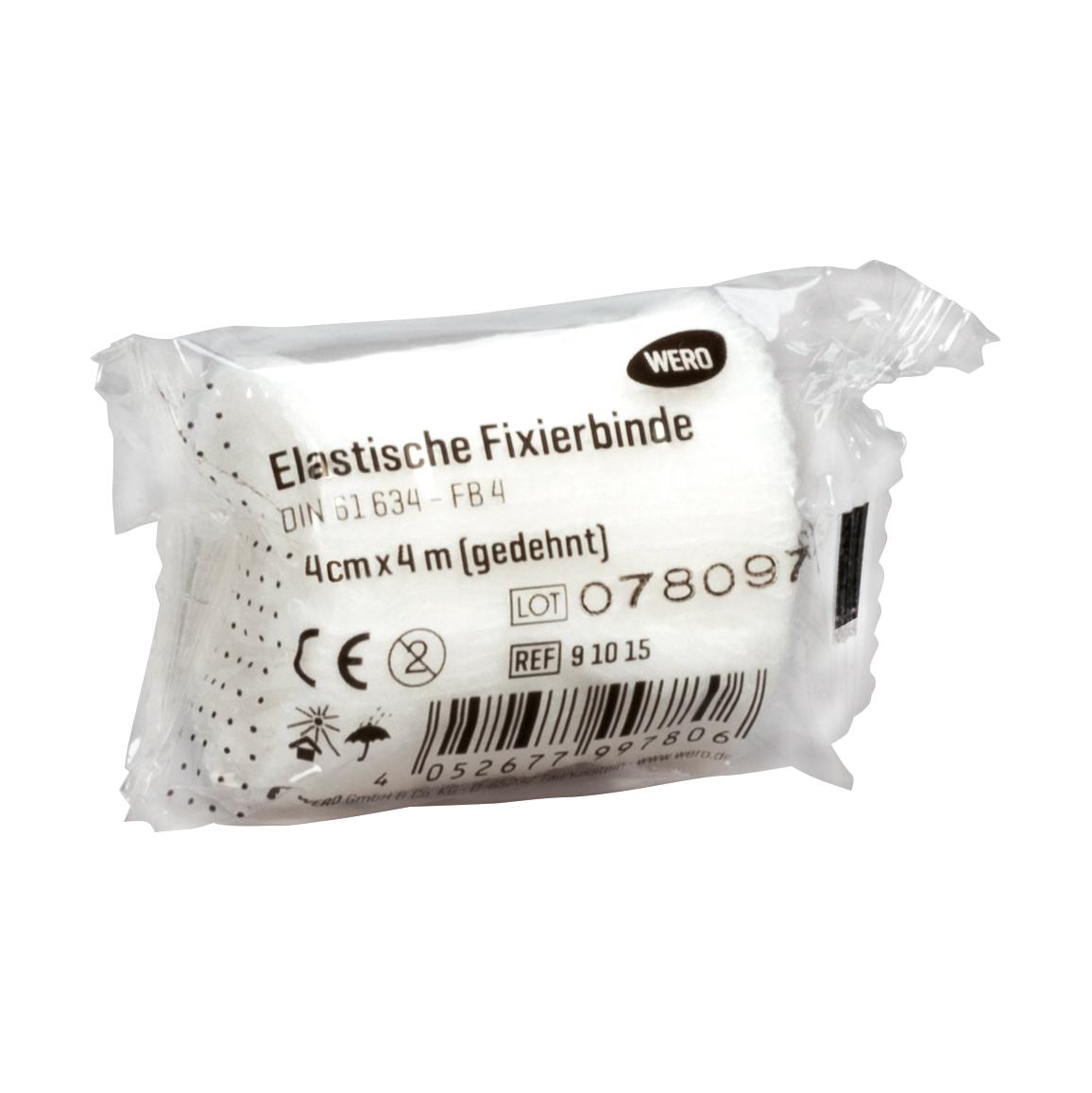 Einzeln verpackte Mullbinde Elastische Fixierbinde DIN 61634, 4 cm breit, aus dehnfähigem, weichem und luftdurchlässigem Material.
