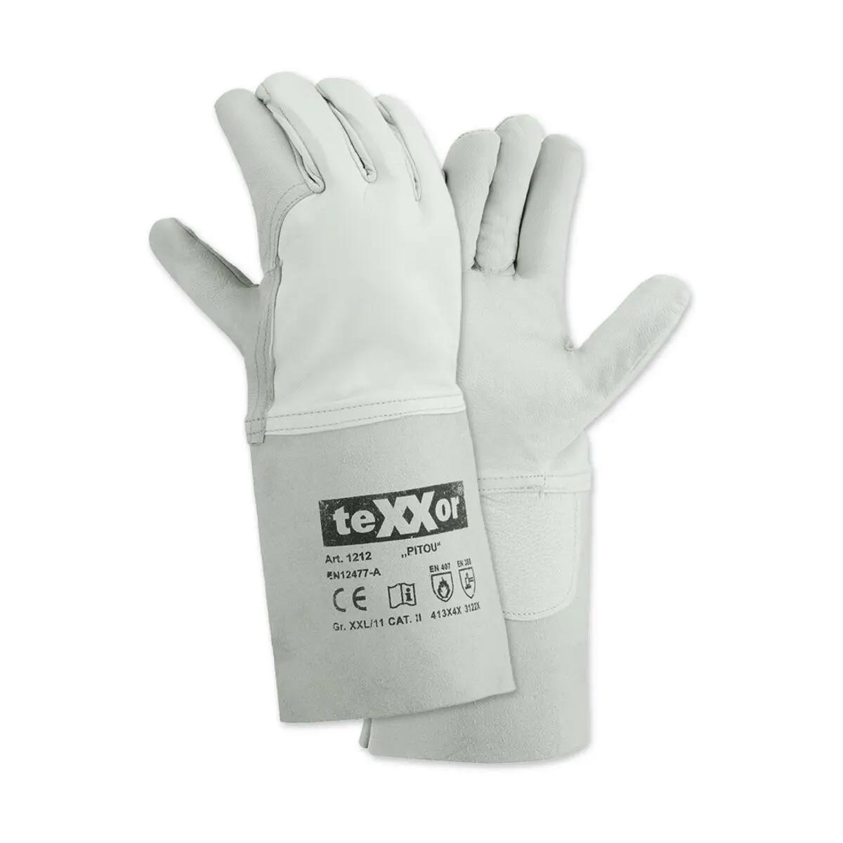 Zwei Schweißerhandschuhe teXXor® PITOU im 5-Finger-Design mit robuster, hitzebeständiger Oberfläche und verlängerter Stulpe für optimalen Pulsschutz.
