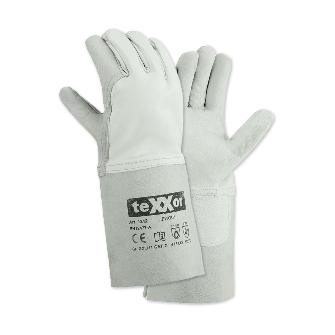 Zwei Schweißerhandschuhe teXXor® PITOU im 5-Finger-Design mit robuster, hitzebeständiger Oberfläche und verlängerter Stulpe für optimalen Pulsschutz.