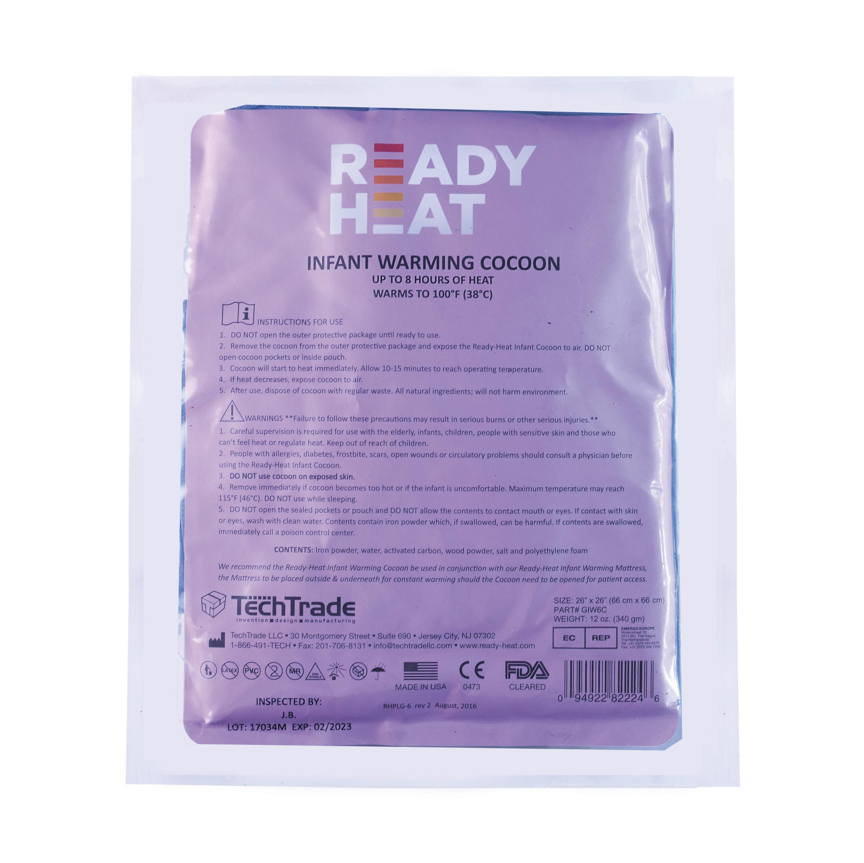 Violette Verpackung eines Ready-Heat™ Kokon für Neugeborene / Säuglinge mit sechs wärmenden Paneelen, Klettverschlüssen und Kapuze.