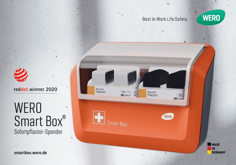 WERO Smart Box Sofortpflaster-Spender in Orange und Weiß mit Plus-Symbol, gefüllt mit Pflasterrollen und Pflasterstreifen