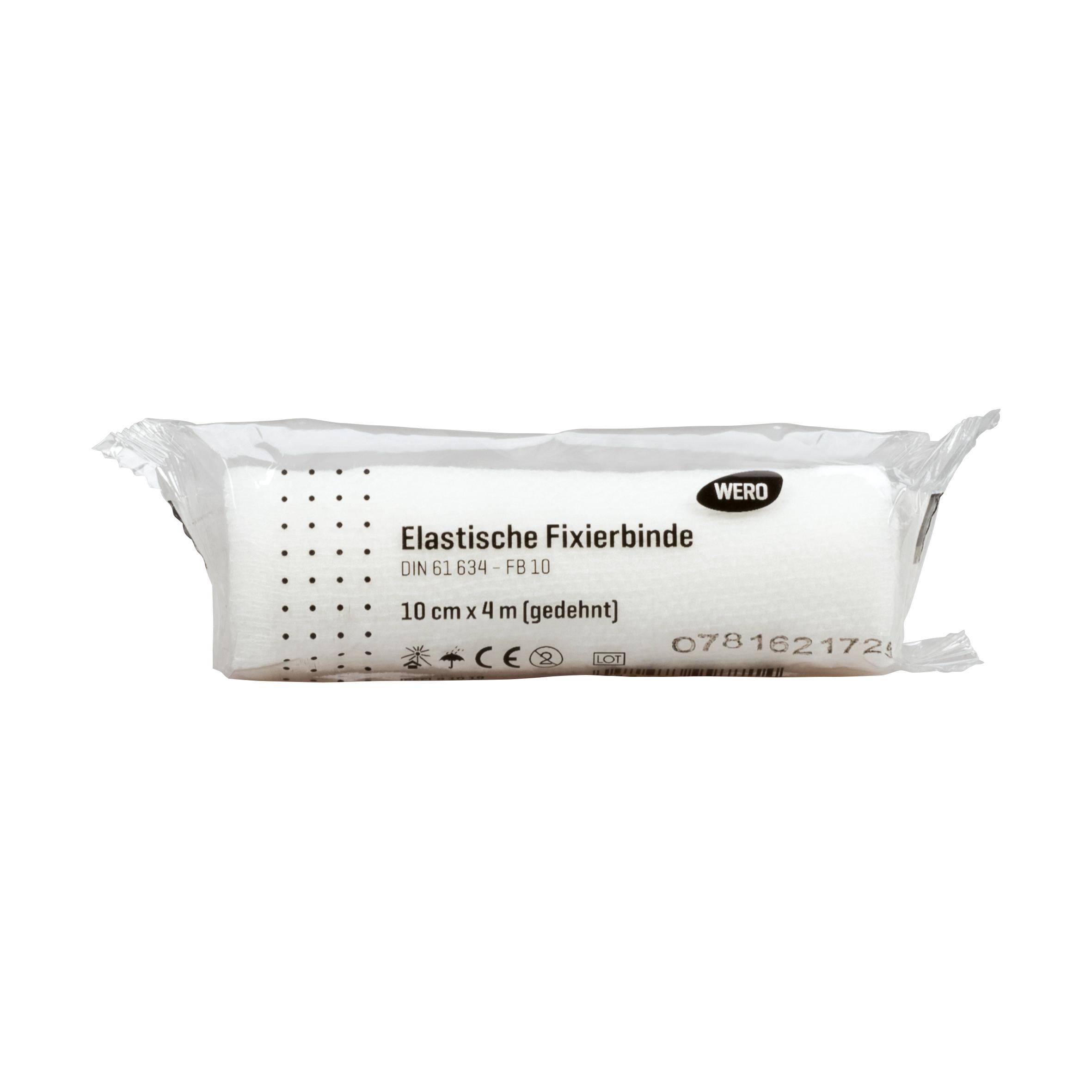 Eine einzeln verpackte Mullbinde Elastische Fixierbinde DIN 61634, 10 cm breit, aus dehnfähigem, weichem und atmungsaktivem Gewebe.