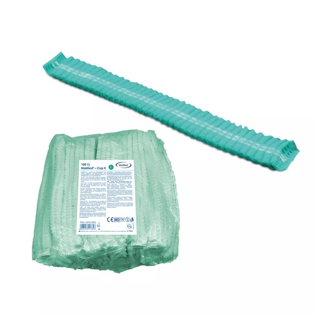 Zwei Packungen Einweghaube, 100 Stk - Grün, nicht detektierbar, aus atmungsaktivem Material, eine offen mit sichtbar gefalteten Hauben.
