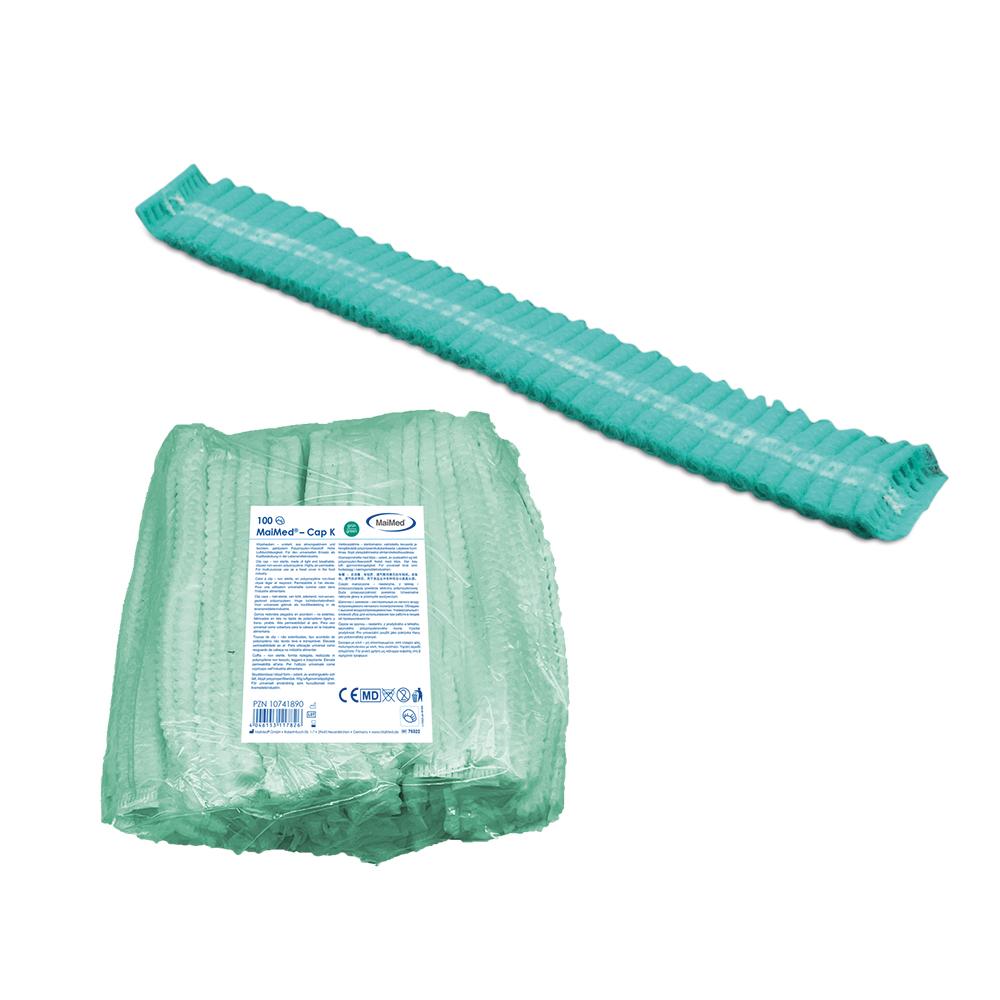Zwei Packungen Einweghaube, 100 Stk - Grün, nicht detektierbar, aus atmungsaktivem Material, eine offen mit sichtbar gefalteten Hauben.