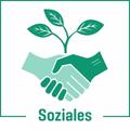 Grünes Händeschütteln-Icon mit einem Keimling und dem Schriftzug "Soziales" darunter