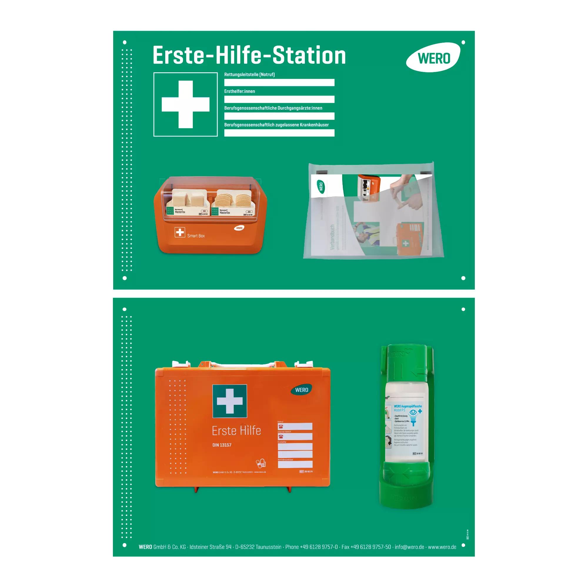 Zwei orangefarbene WERO Erste-Hilfe-Station Pro - gefüllt Sets mit Koffer, Smart Box, DIN 13157-Inhalt und Sofortpflasterspender werden präsentiert.