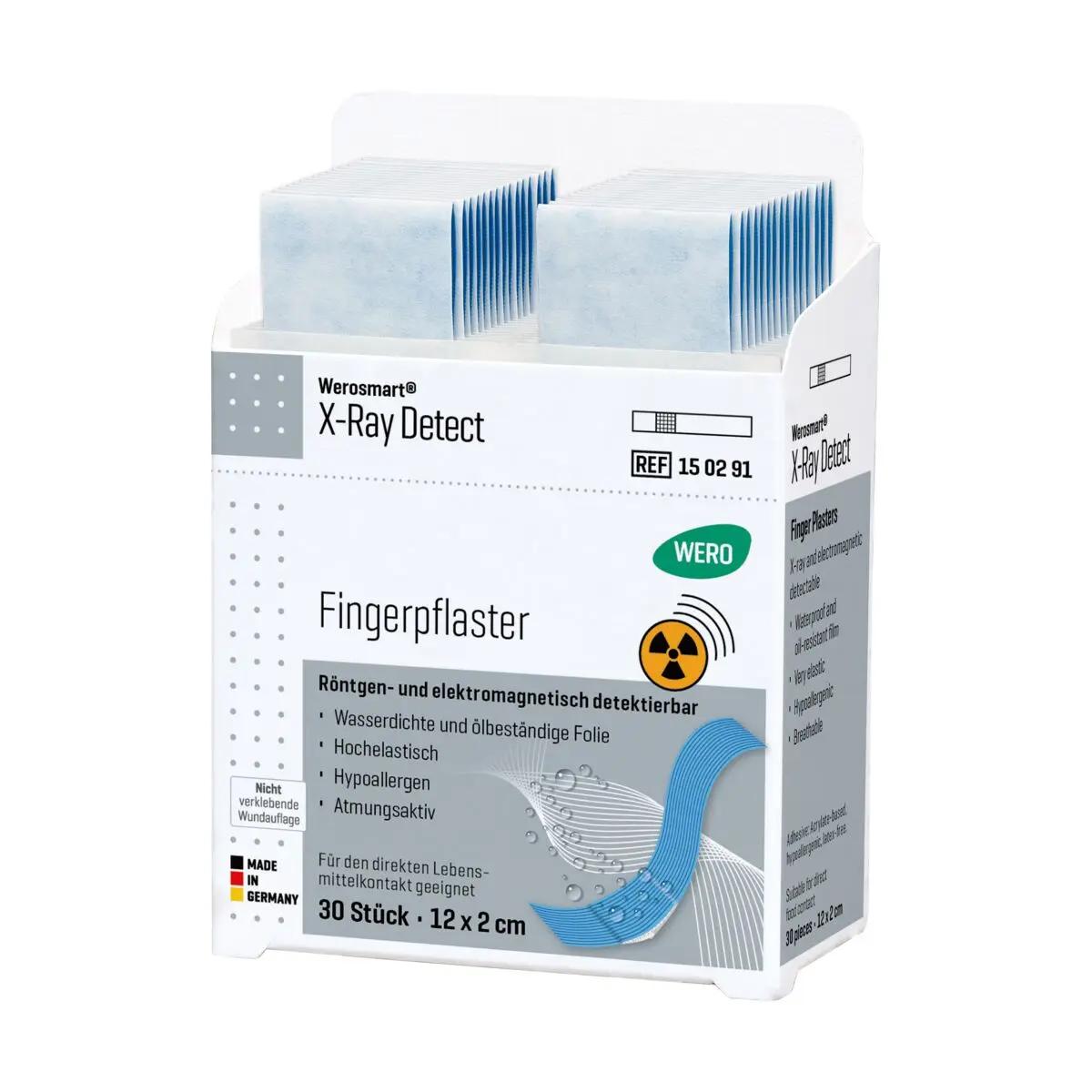 Werosmart® X-Ray Detect Pflasterspender-Einsätze Fingerpflaster-Box mit einzeln gestapelten, detektierbaren Fingerpflastern und blau-weißer Beschriftung.