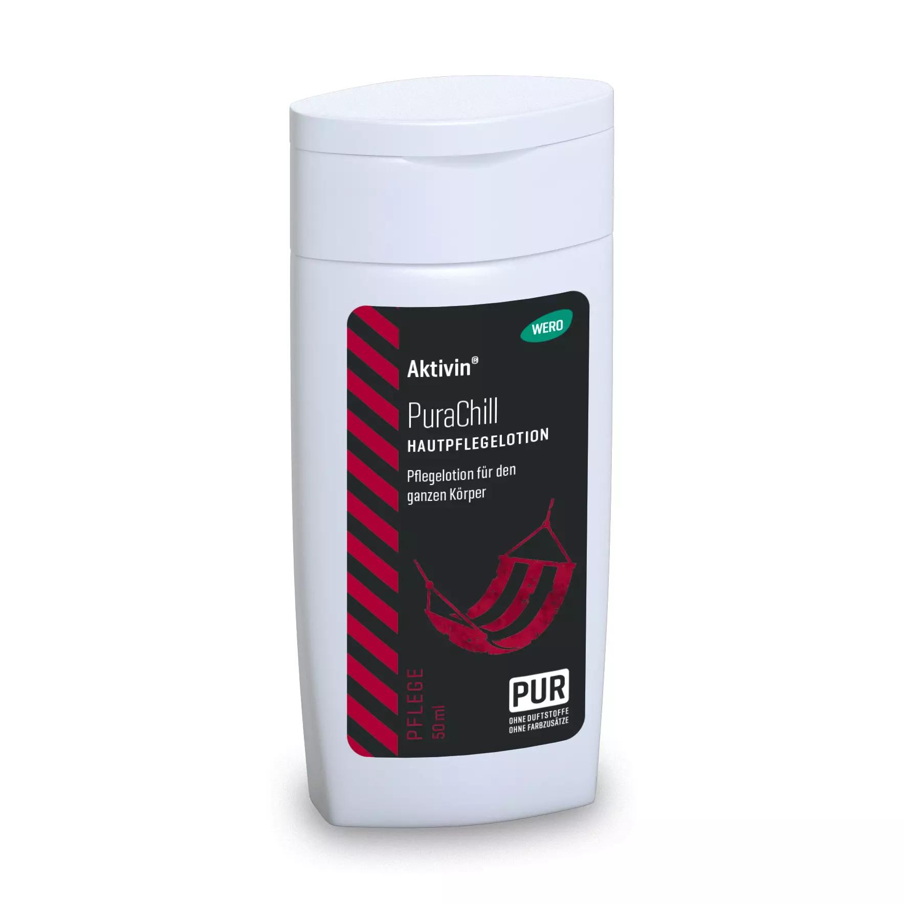 Weiße Flasche Hautpflegelotion Aktivin® PuraChill, 50 ml, mit weißem Deckel, schwarzem Etikett sowie Hinweis auf Sheabutter, Mandelöl und Vitamin E.