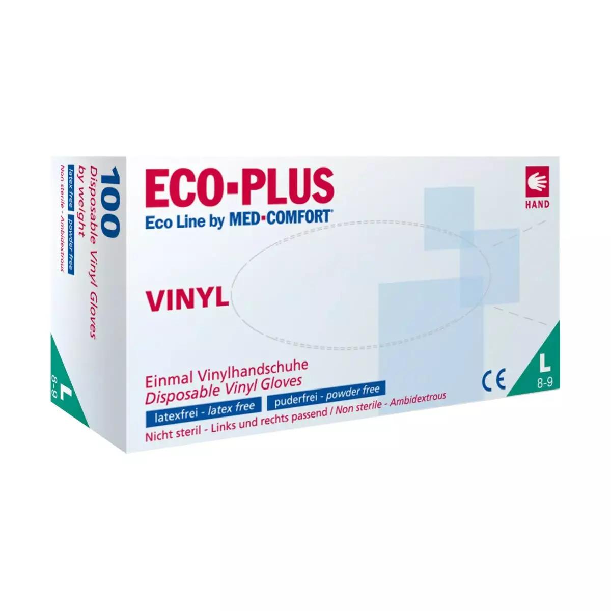 Vinyl-Einmalhandschuhe ECO-PLUS, 100 Stk - L Box mit rotem und grünem Etikett, Hinweis auf glatte Handfläche, leichter Qualität und beidhändiger Passform.