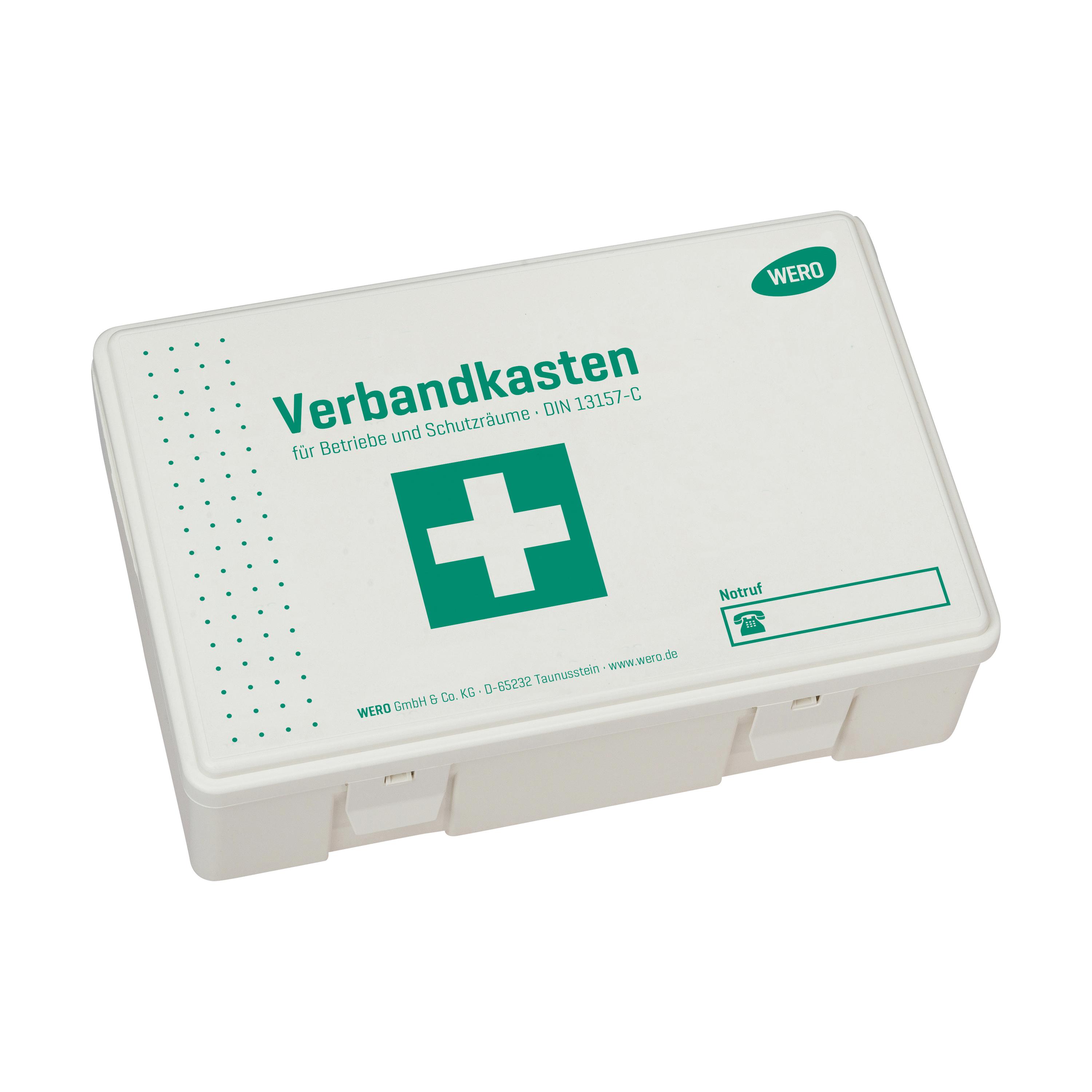 WERO Verbandkasten DIN 13157-C aus weißem Kunststoff mit grünem Kreuz, robuster Bauweise und kompakter Form für Betriebe und Schutzräume.