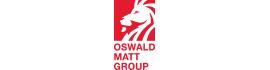 Weißer Löwenkopf im Profil, rotes Quadrat, darunter OSWALD MATT GROUP in roten Großbuchstaben