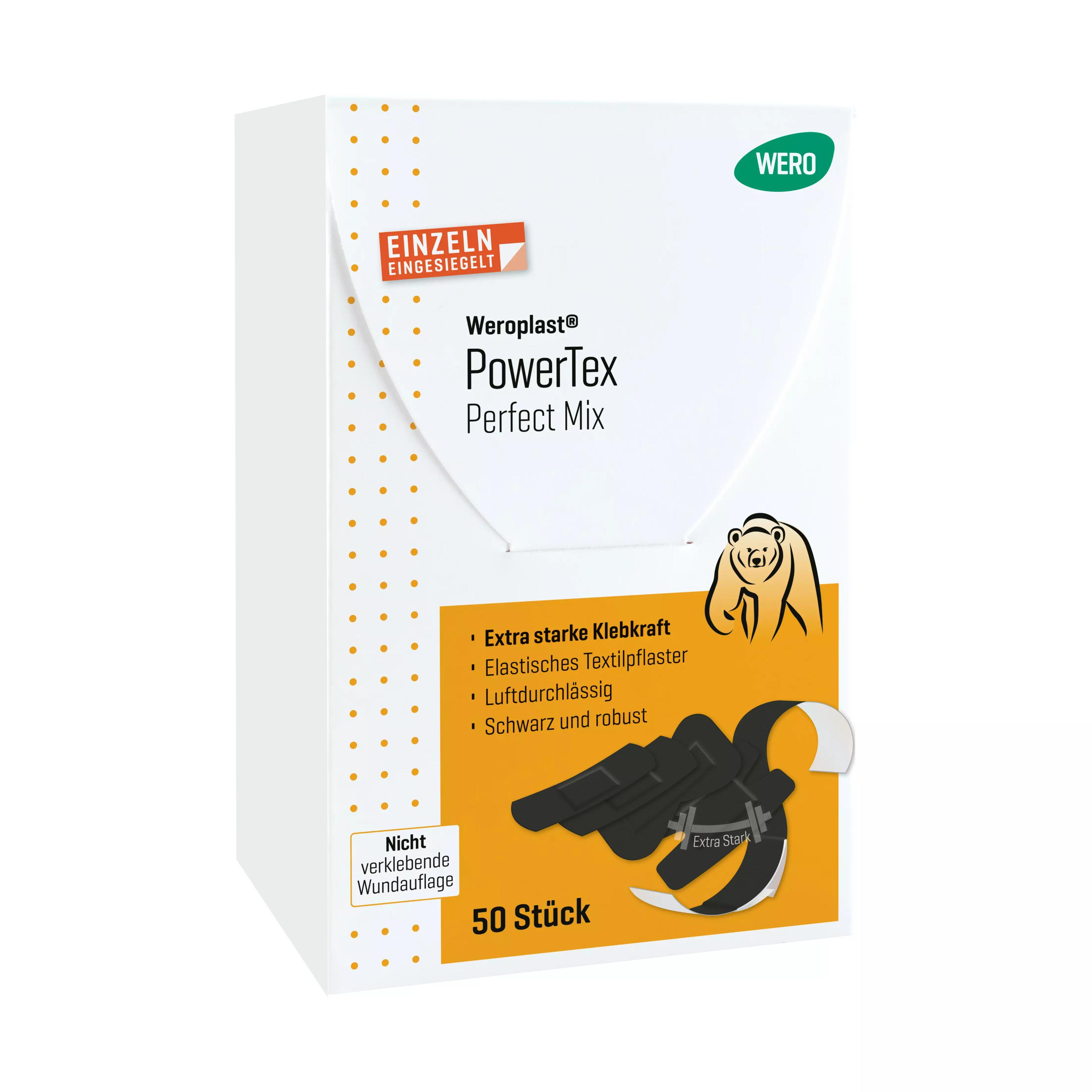 Weiße Weroplast® PowerTex Pflaster - Perfect Mix Box mit gelb-oranger Banderole, Hinweis auf extra starke Klebkraft, schwarzes textiles Gewebe und Elastizität.