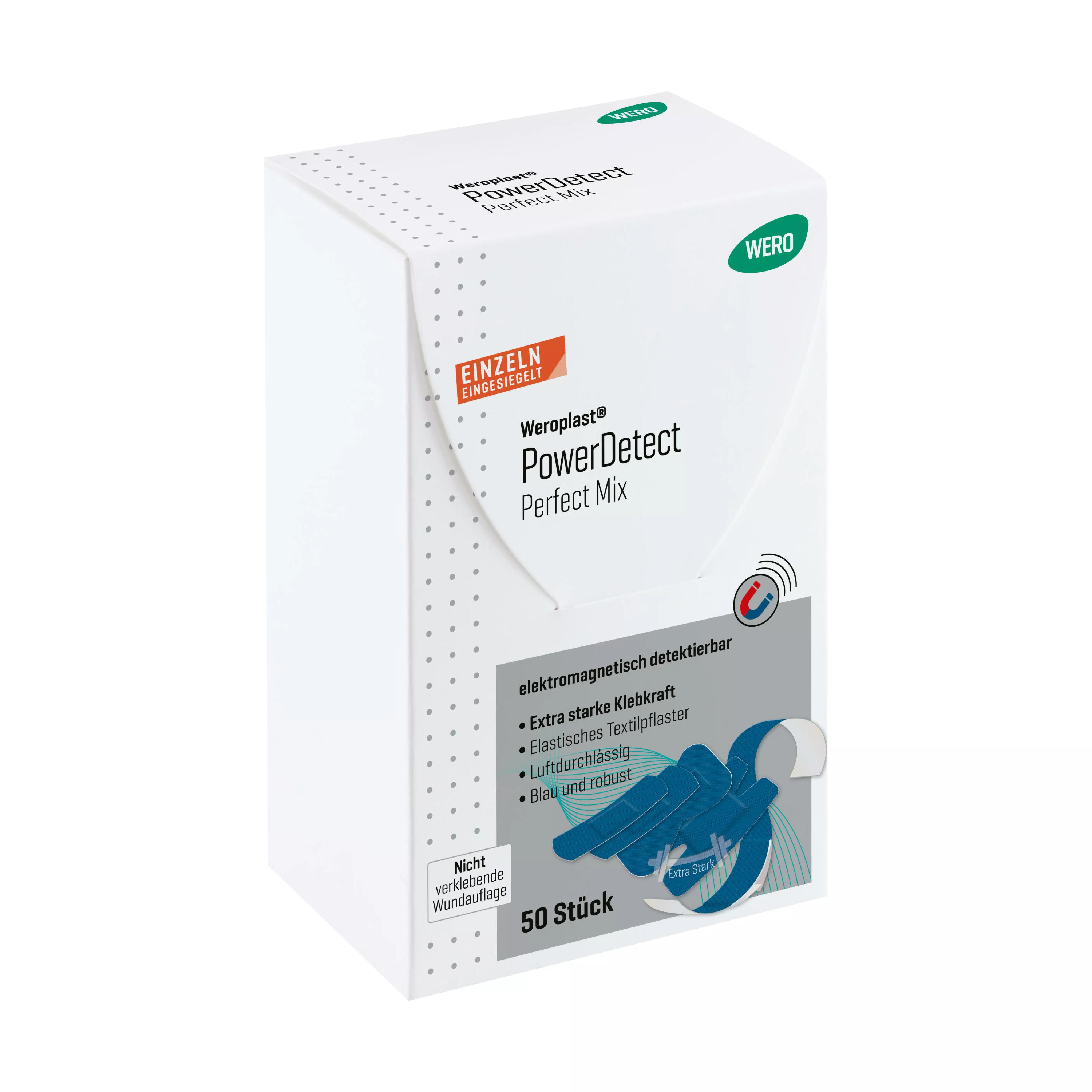 Weiße Produktverpackung des Pflasterset Weroplast® PowerDetect - Perfect Mix mit sichtbarer Mix-Auswahl, blauer Detektion und elastischem Gewebe.