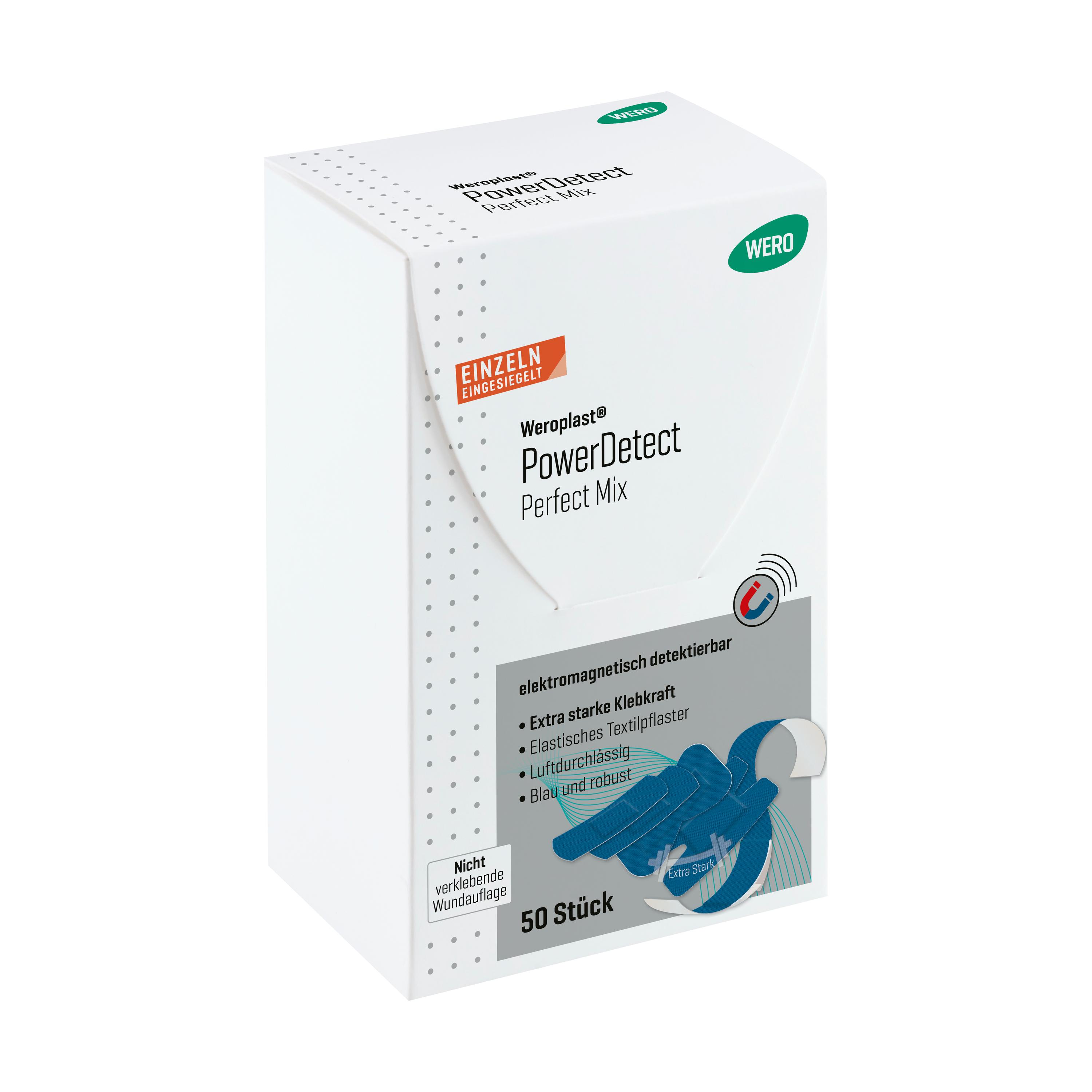 Weiße Produktverpackung des Pflasterset Weroplast® PowerDetect - Perfect Mix mit sichtbarer Mix-Auswahl, blauer Detektion und elastischem Gewebe.