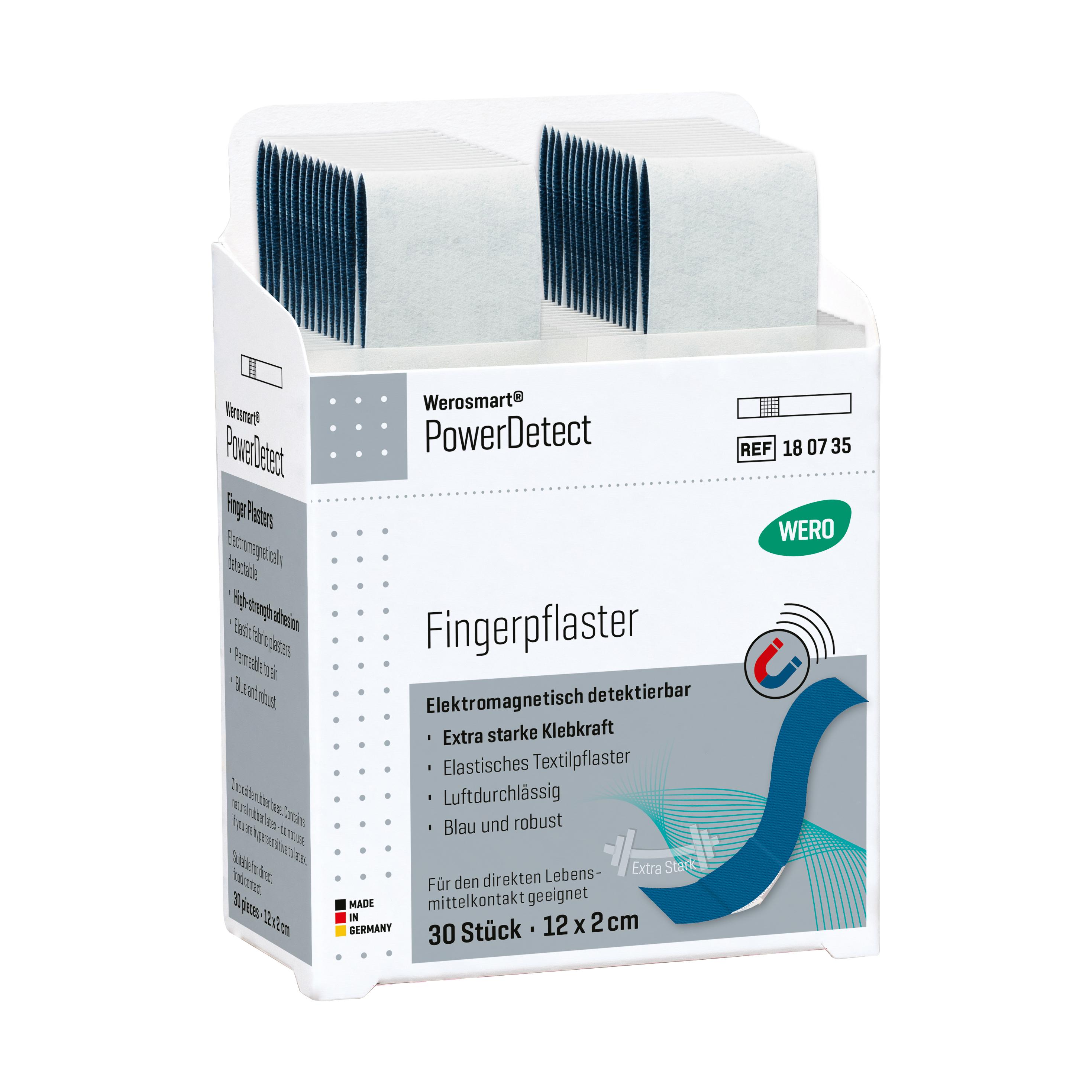 Transparente Box mit Werosmart® PowerDetect Pflasterspender-Einsätze Fingerpflaster, blau, elektromagnetisch detektierbar und extra starke Klebkraft.