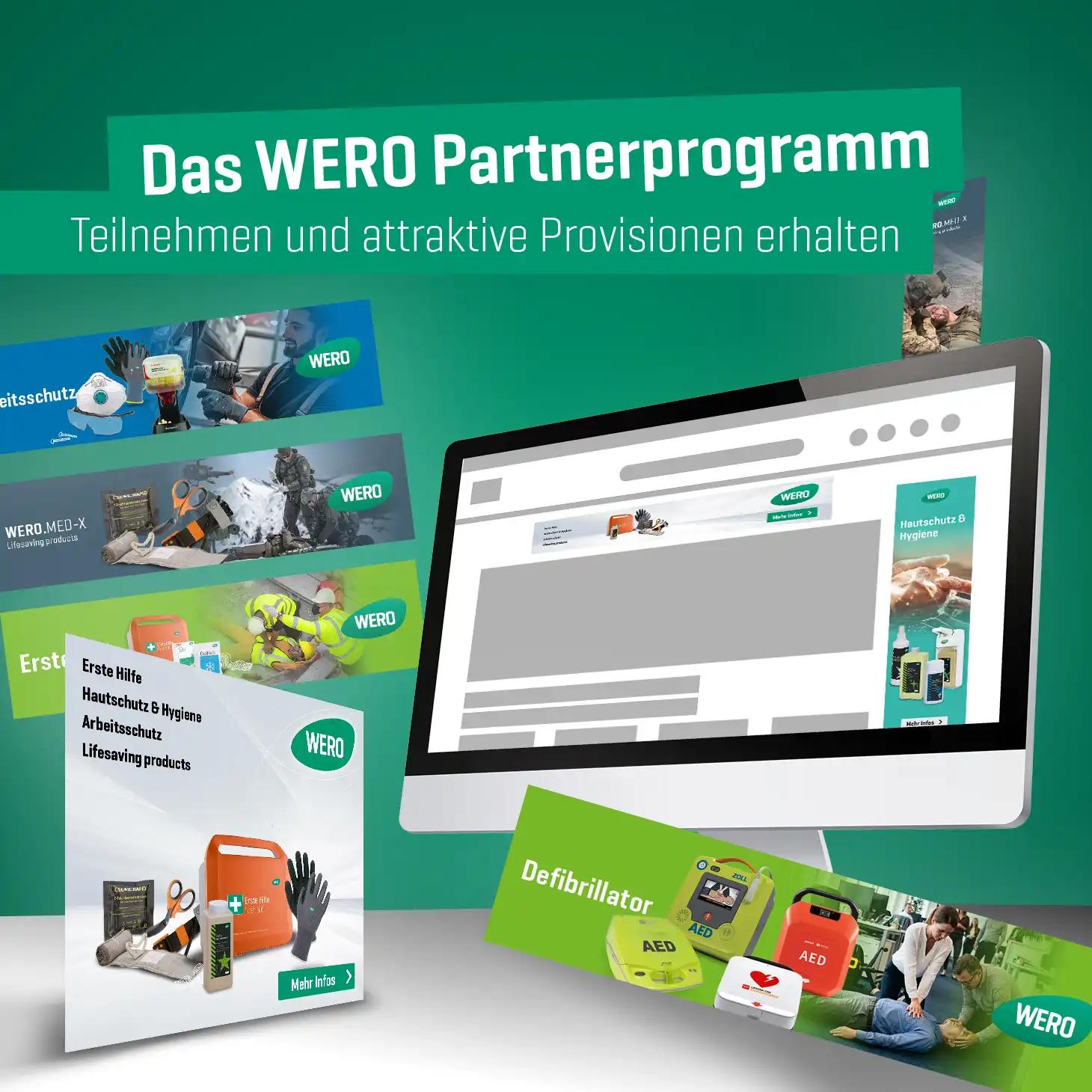 Computerbildschirm mit WERO Website, umgeben von Werbematerialien zu Hygiene, Weißschutz und dem Schriftzug „Das WERO Partnerprogramm“