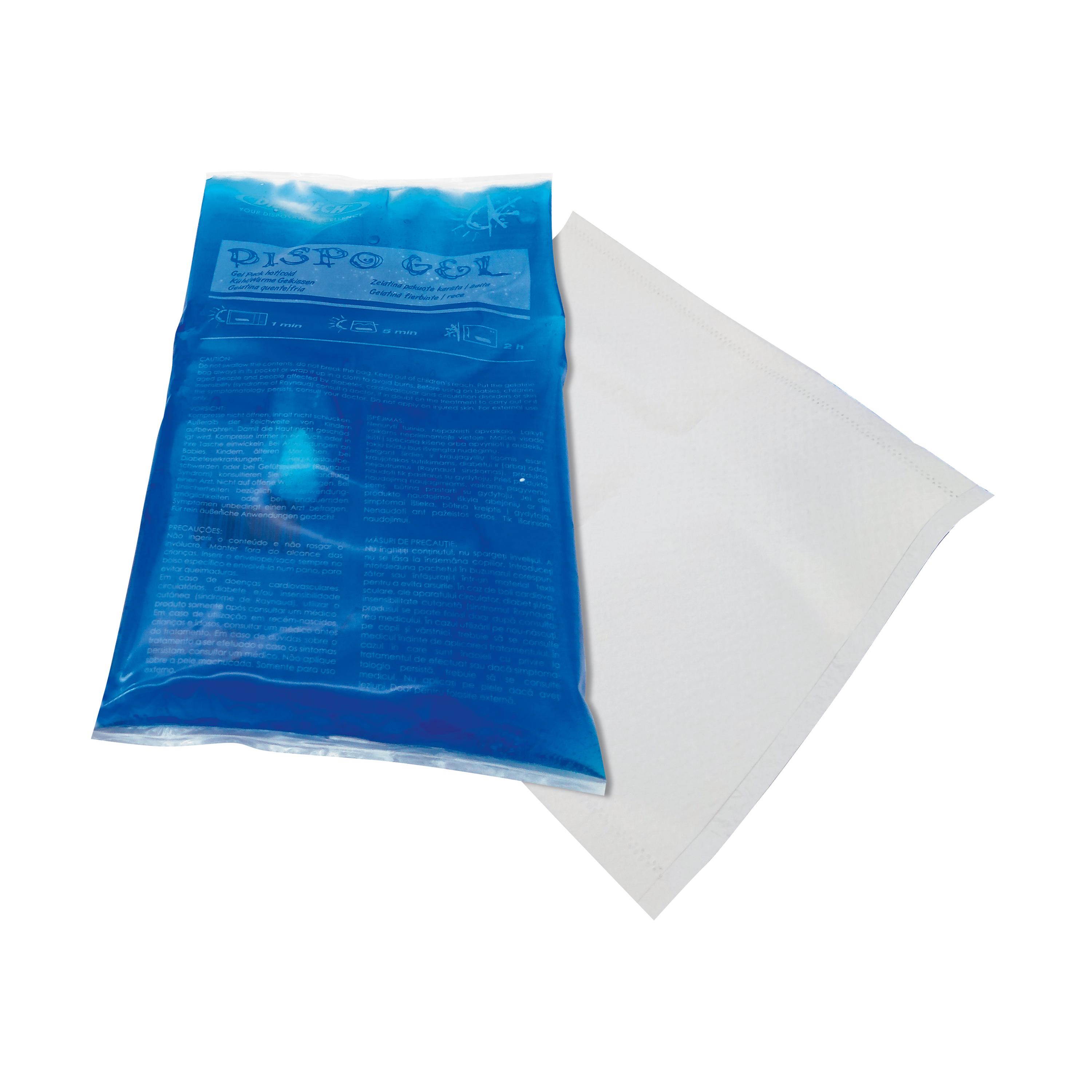 Blaues Dispo Gel-Päckchen mit Sichtfenster und weißem Gel zur lokalen Anwendung bei kleineren Verletzungen oder Verbrennungen.