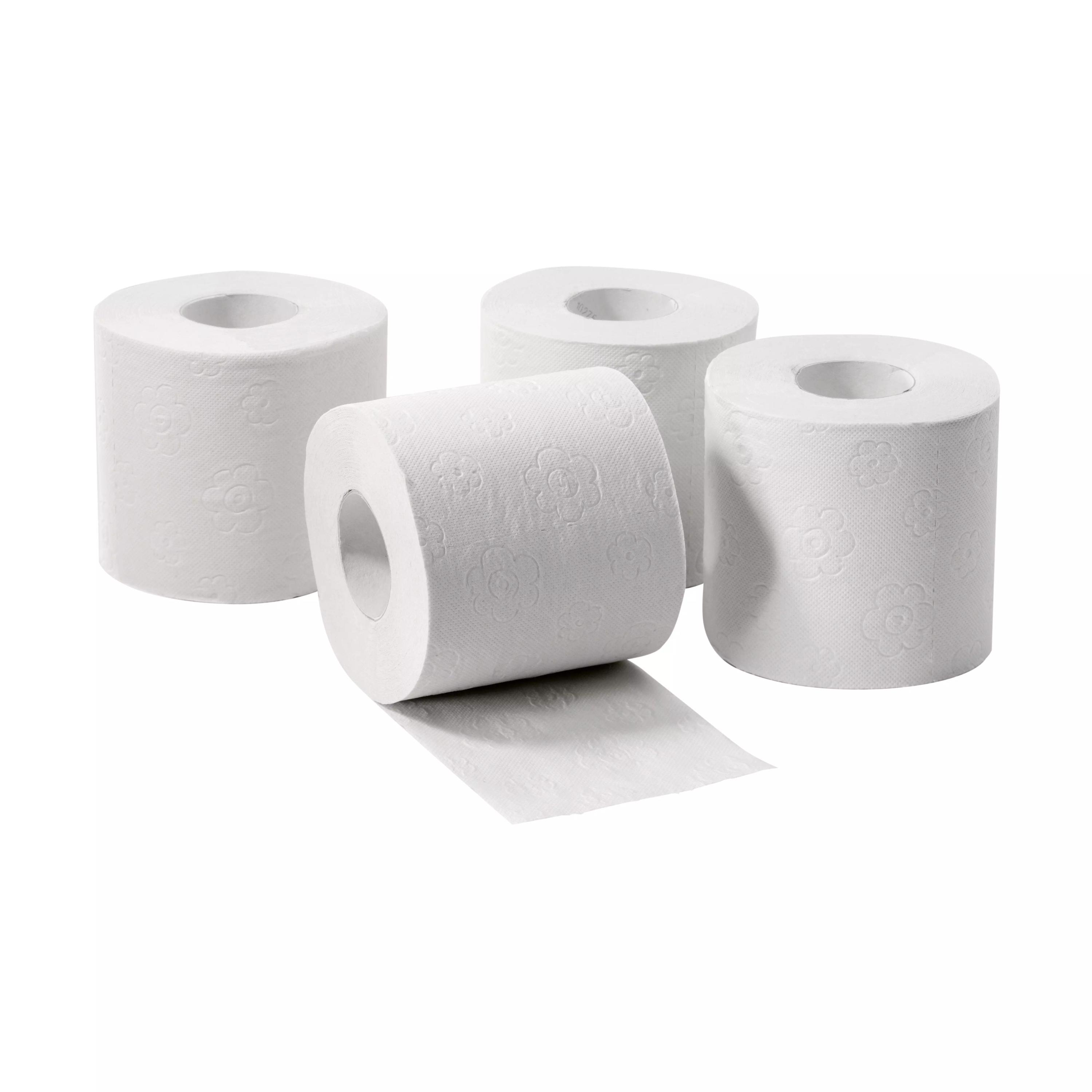 Vier Rollen Toilettenpapier mit zartem Blumenmuster, 2-lagig und weiß, zeigen die texturierte Oberfläche und das Blattformat von 10 x 12 cm.