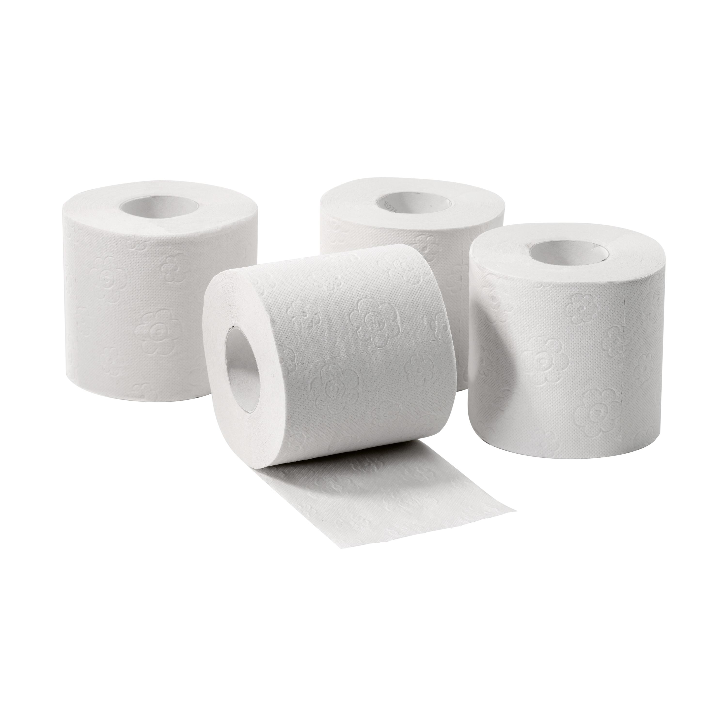 Vier Rollen Toilettenpapier mit zartem Blumenmuster, 2-lagig und weiß, zeigen die texturierte Oberfläche und das Blattformat von 10 x 12 cm.