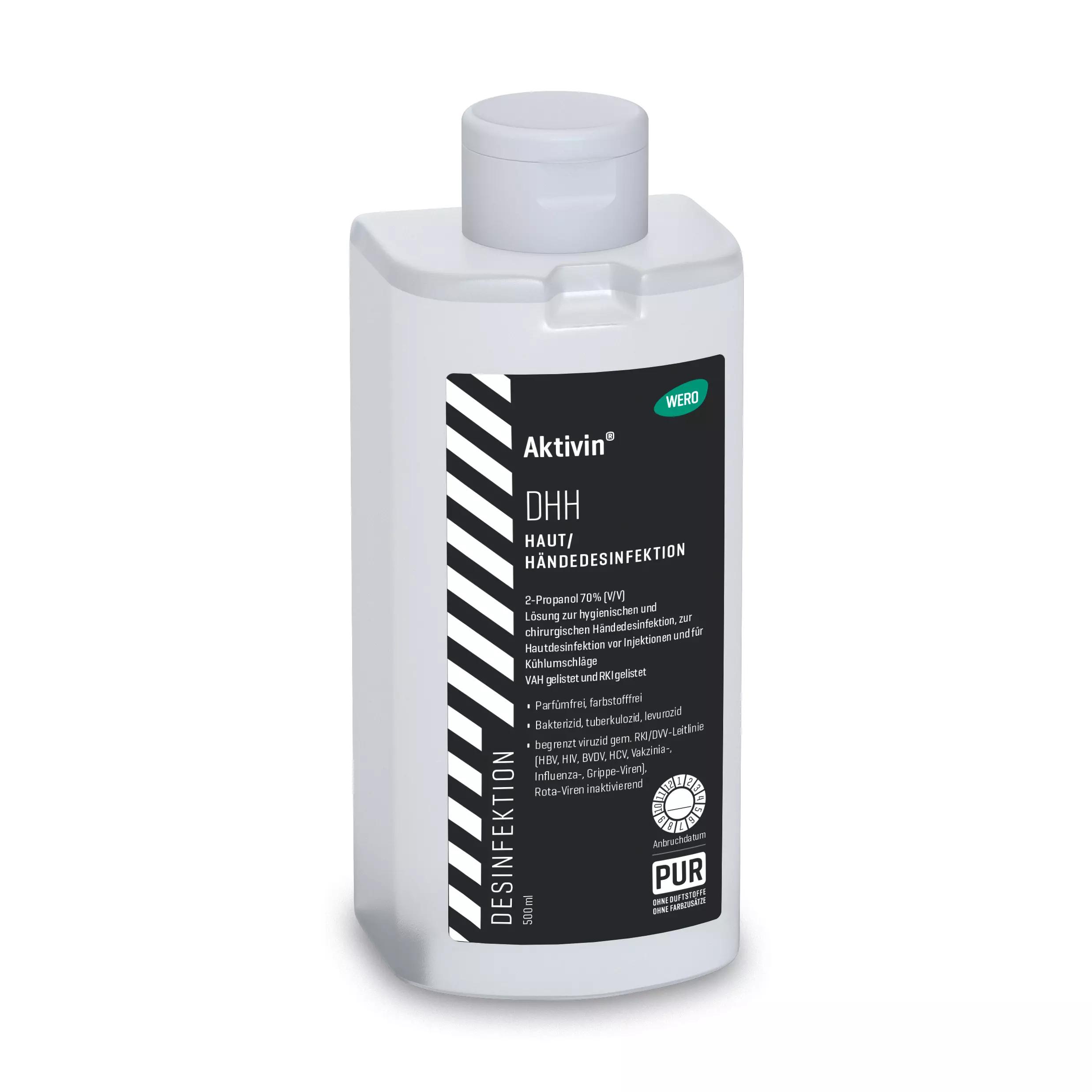 Eine stehende rechteckige Flasche Haut- und Händedesinfektionsmittel Aktivin® DHH mit 70% 2-Propanol und sprühfertigem 500 ml Inhalt.