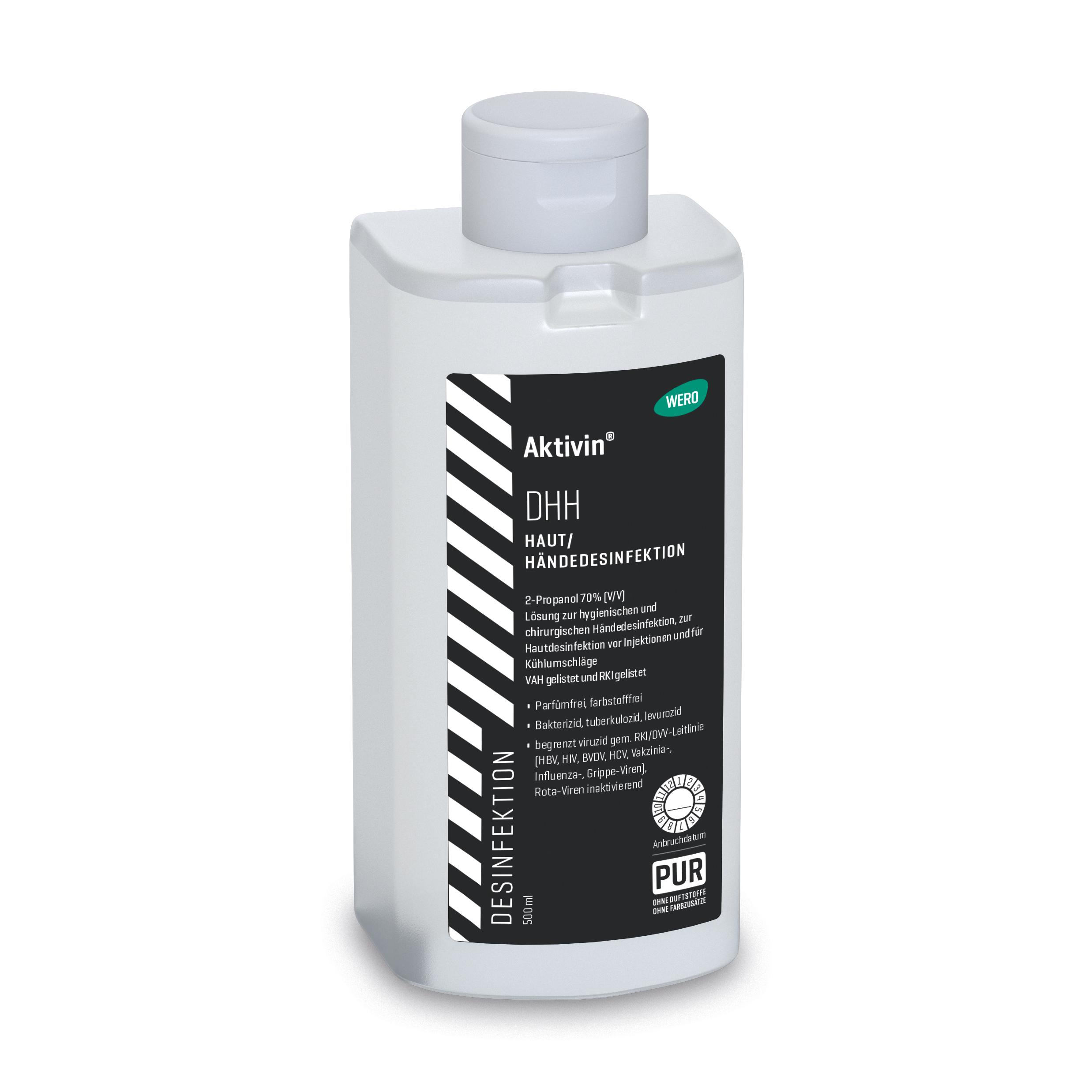 Eine stehende rechteckige Flasche Haut- und Händedesinfektionsmittel Aktivin® DHH mit 70% 2-Propanol und sprühfertigem 500 ml Inhalt.