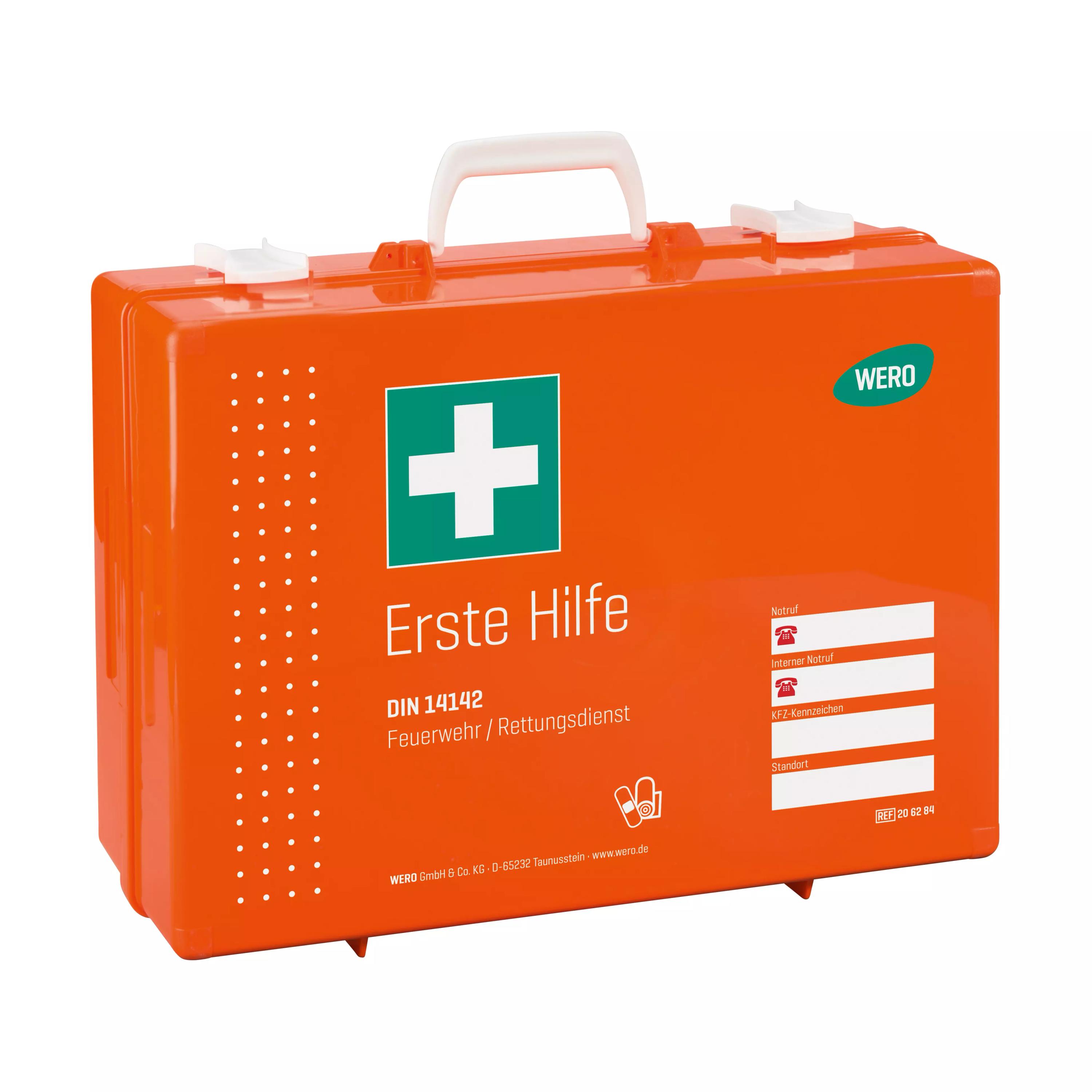 Orangefarbener Erste Hilfe Koffer Werotop® 450 DIN 14142 mit stabilem Griff, grüner Kreuzmarkierung, mehreren Fächern und gut sichtbarer Beschriftung.