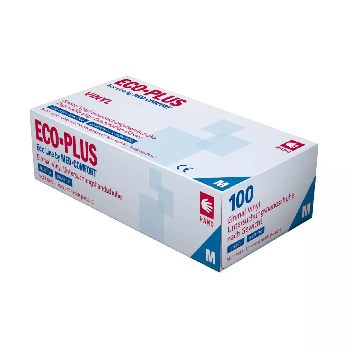 Eine Packung Vinyl-Einmalhandschuhe ECO-PLUS, 100 Stk - M mit glatter Handfläche, leichter Qualität und beidhändiger Passform steht leicht angewinkelt.