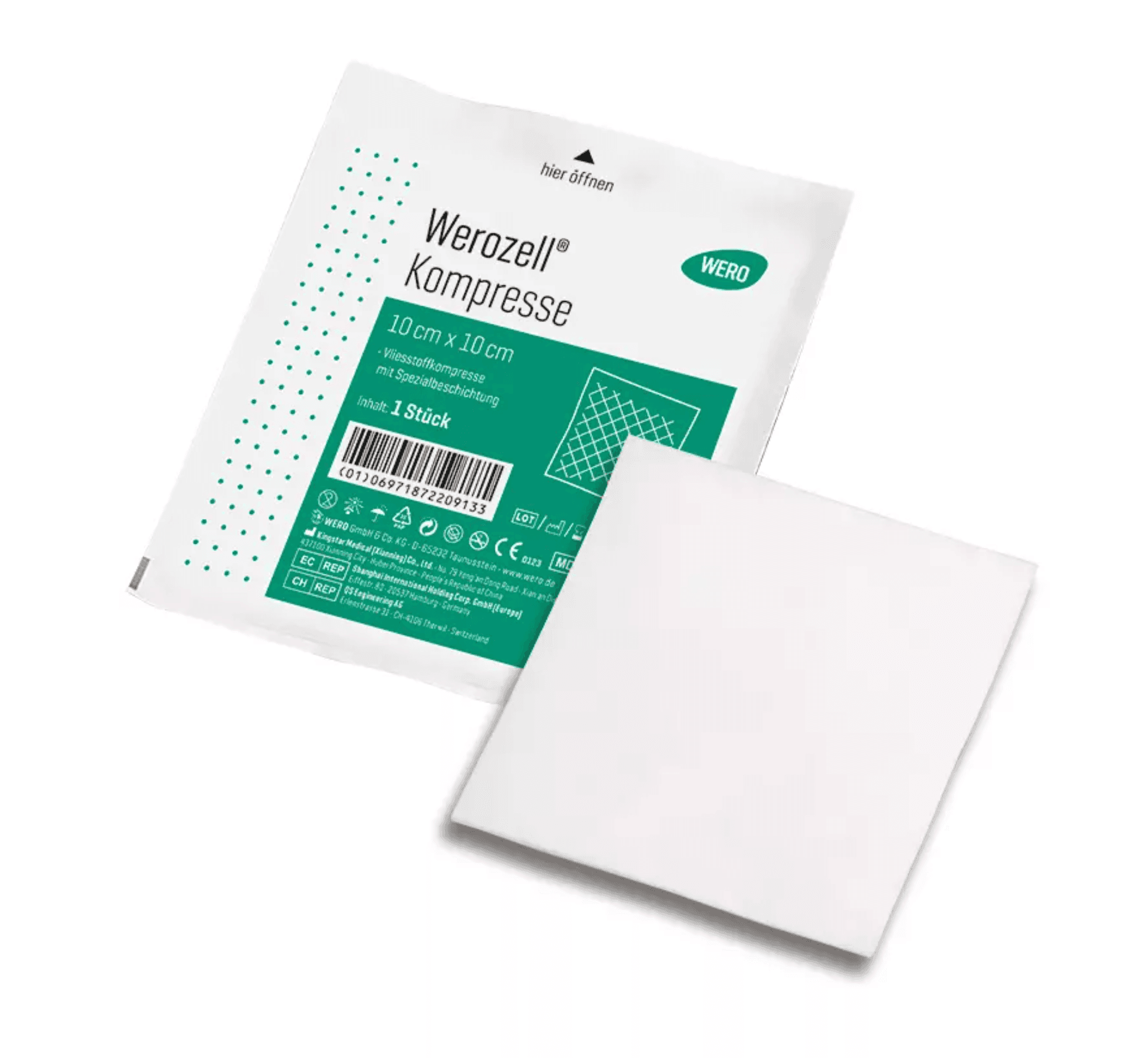 Weiße Werozell Kompresse 10 x 10 cm mit feiner Gitterstruktur neben grüner Einzelverpackung, geeignet für medizinische Anwendungen.