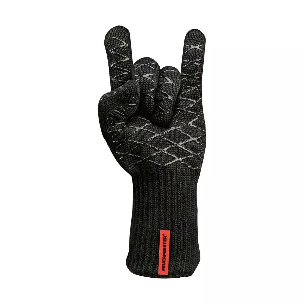 Ein Hitzeschutzhandschuh Aramid mit rotem FEUERMEISTER-Tag zeigt das "Rock on"-Handzeichen, strukturierte Oberfläche gut sichtbar.